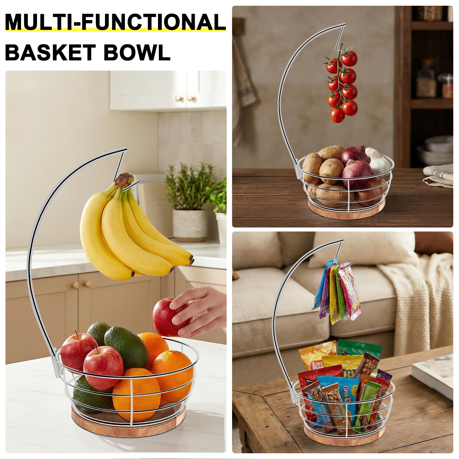 Livabber Countertop Fruit Basket Bowl with Banana Hanger, Modern Standing Fruit Vegetable Bowl Storage, with Banana Tree Holder for Kitchen Dinning Table (Round Marble, Black)