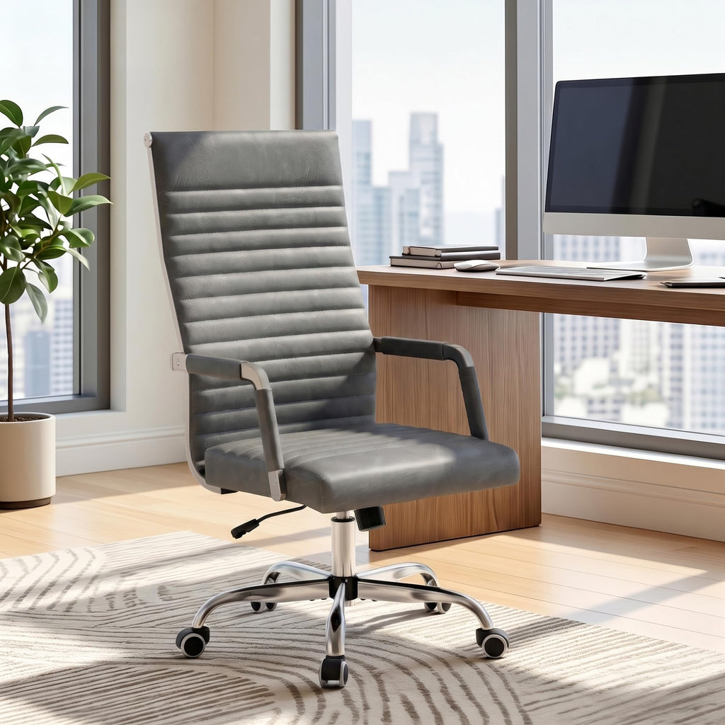 Furmax Ribbed Office Chair High Back PU Leather Executive Conference Chair Adjustable Swivel Chair with Arms (Bicolor Retro Brown)