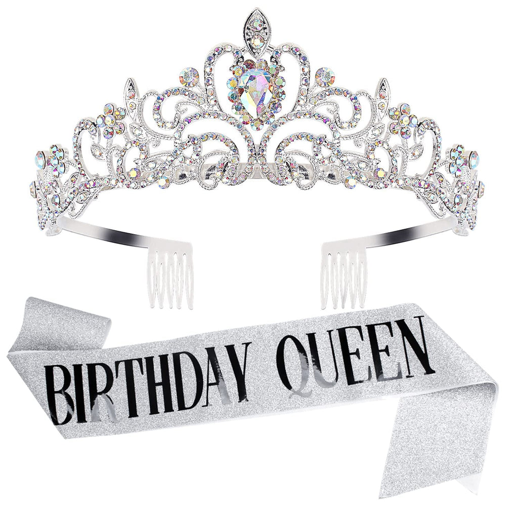 COCIDE Birthday Silver Tiara and Crowns Kit - Silver Tiara, Crown, Sash, Rhinestone Headband, Glitter Sash for Women & Girls Birthday Party Decorations