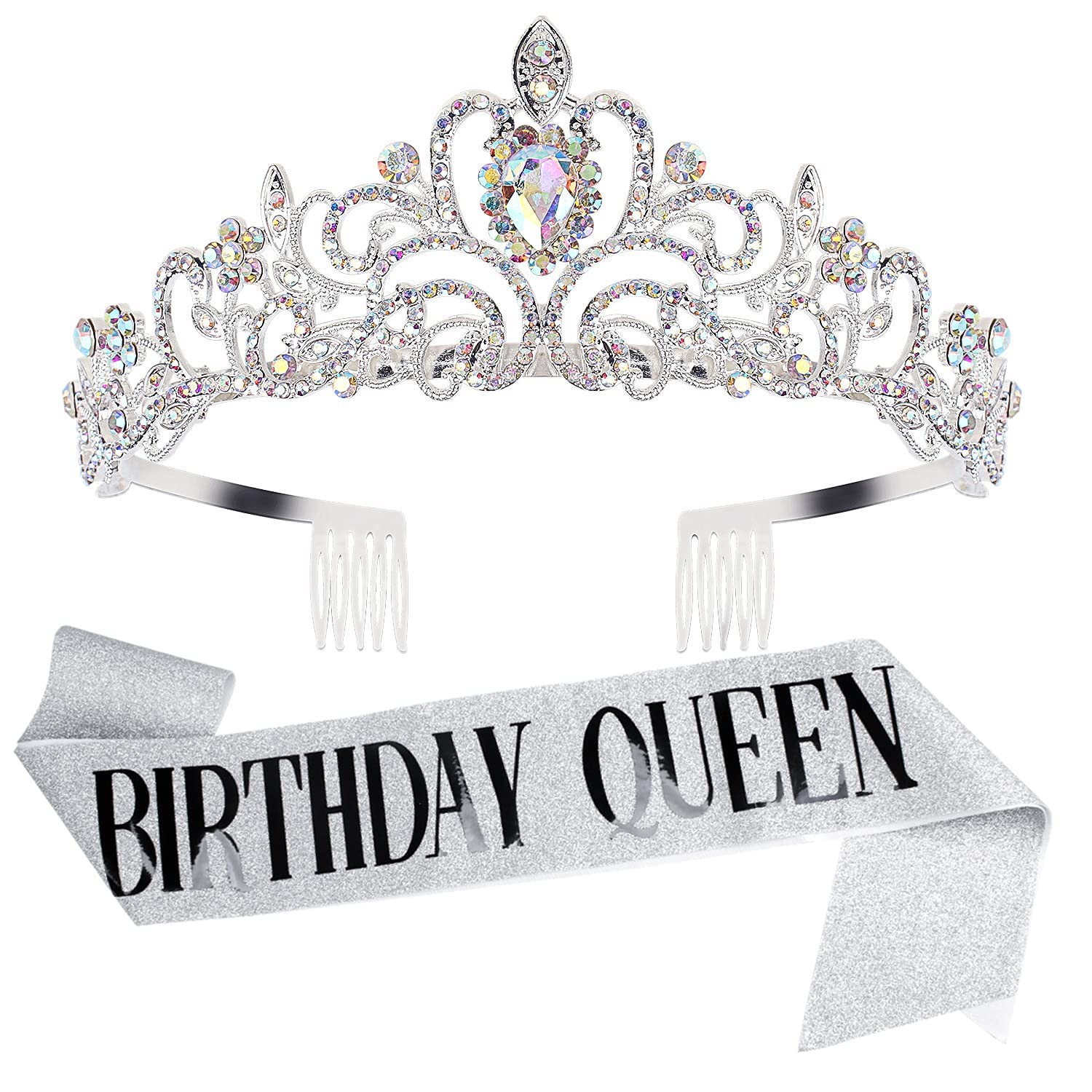 COCIDE Birthday Silver Tiara and Crowns Kit - Silver Tiara, Crown, Sash, Rhinestone Headband, Glitter Sash for Women & Girls Birthday Party Decorations