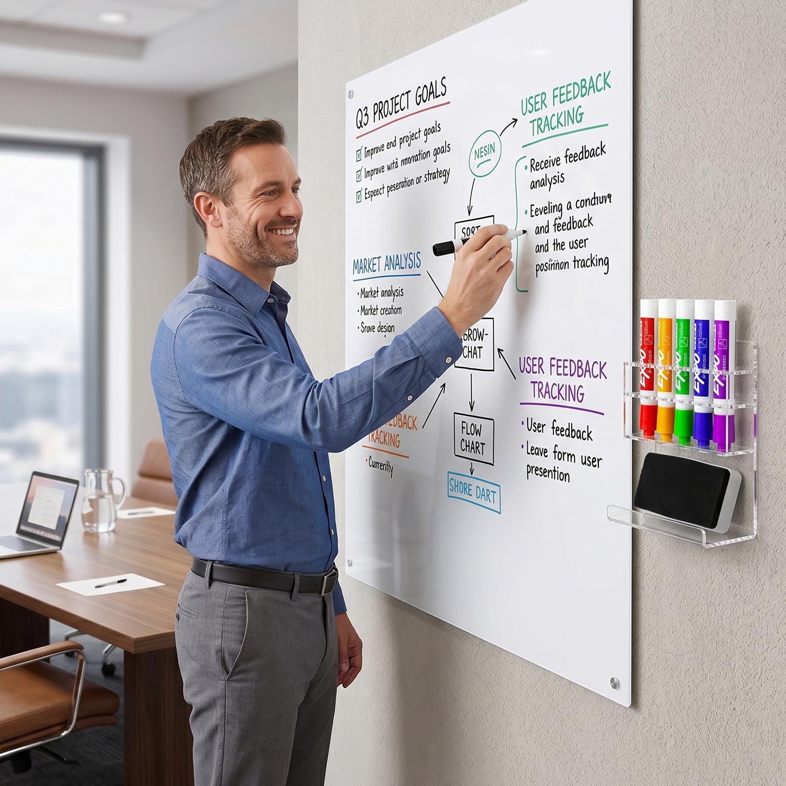 MyGift Dry Erase Marker Holder 10 Slots Whiteboard Marker Holder for Wall Dry Erase Eraser Holder Wall Mount Black