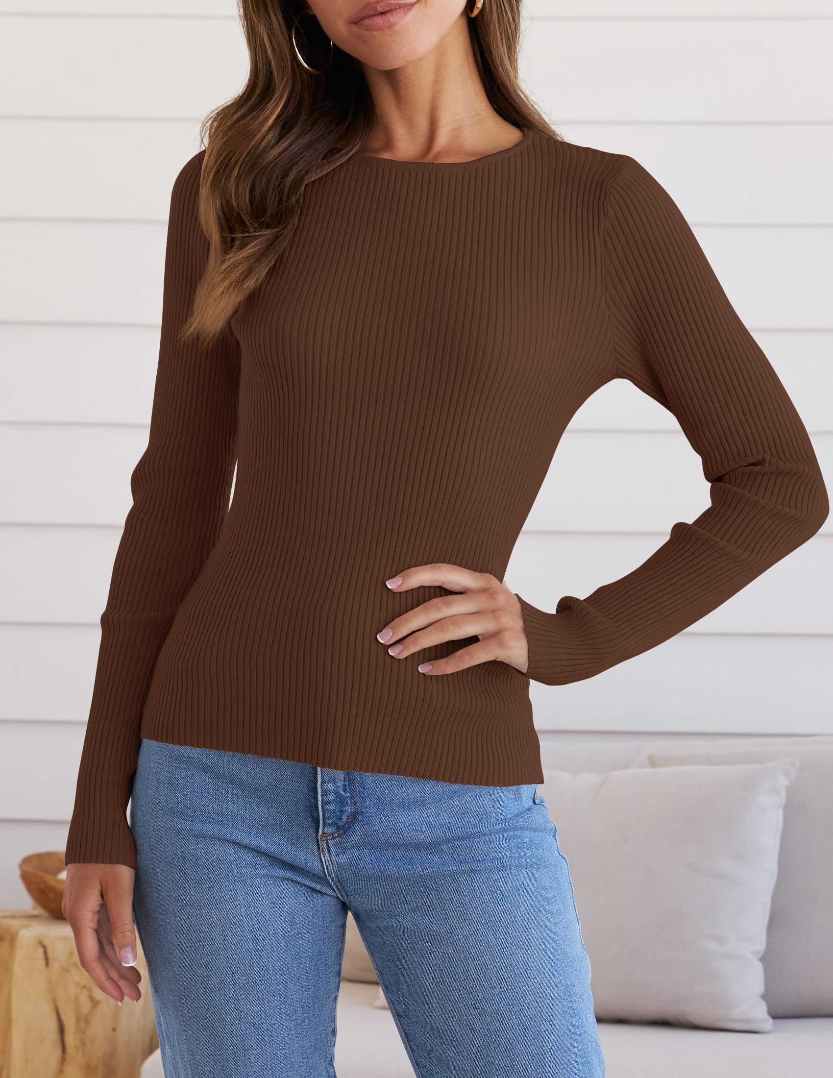 ZESICA Women's Long Sleeve Crewneck Shirts 2026 Spring Ribbed Knit Sweater Slim Fitted Casual Basic Tee Tops
