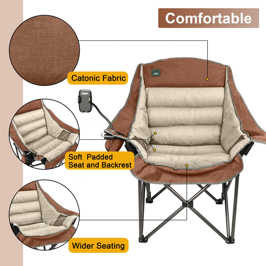Northroad Oversized XL Padded Camping Chair w/Cell Phone Holder, Large Camp Chair, Foldable Lawn Chair w/Cup Holder,Carry Bag for Outdoor Hiking, Picnics, Heavy-Duty 400-lbs Capacity, Moca
