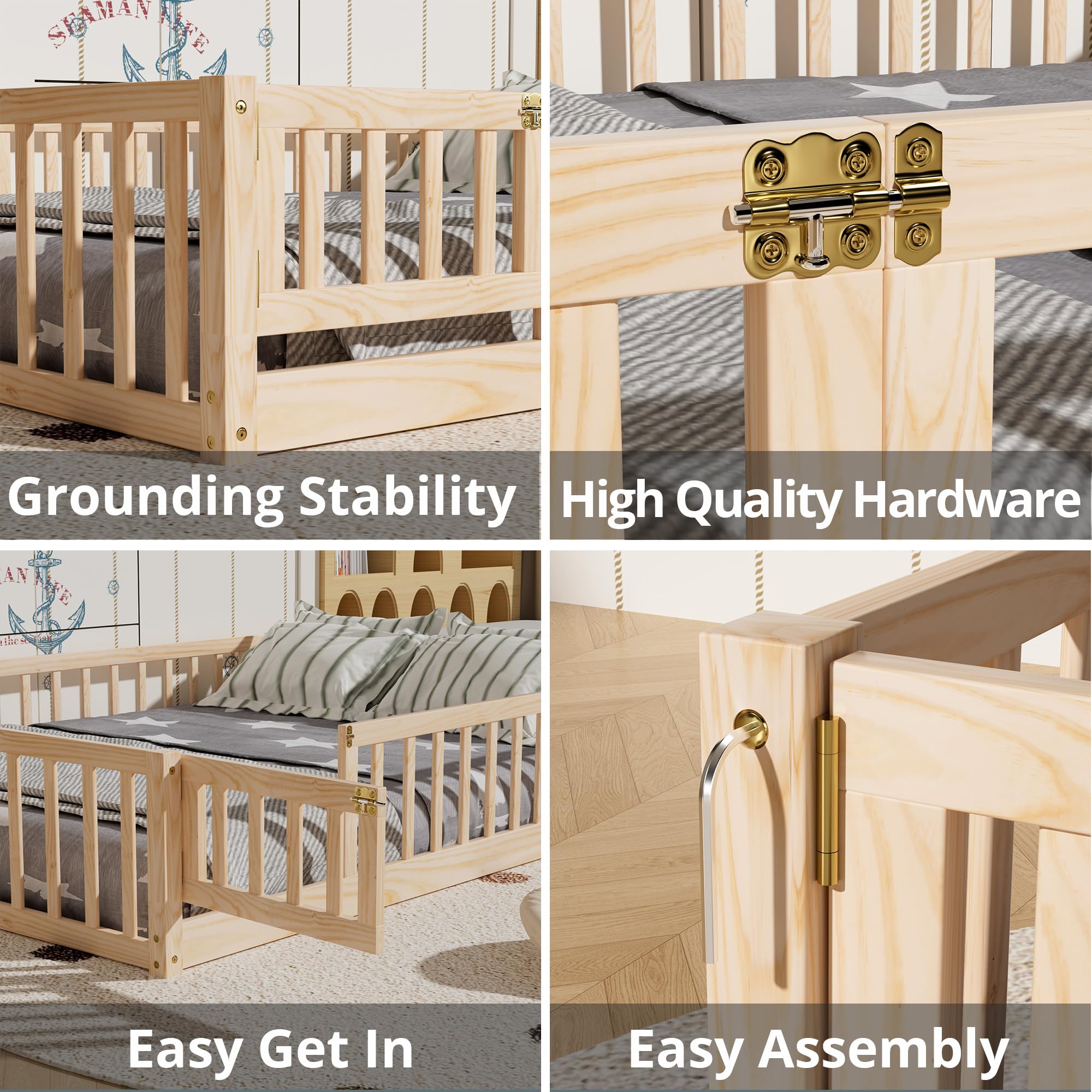 i-POOK Queen Floor Bed for Children, Sturdy Wood Montessori Bed Frame with Wood Slats, High Fence & Small Door for Girls and Boys, Espresso (with Bed Slats)