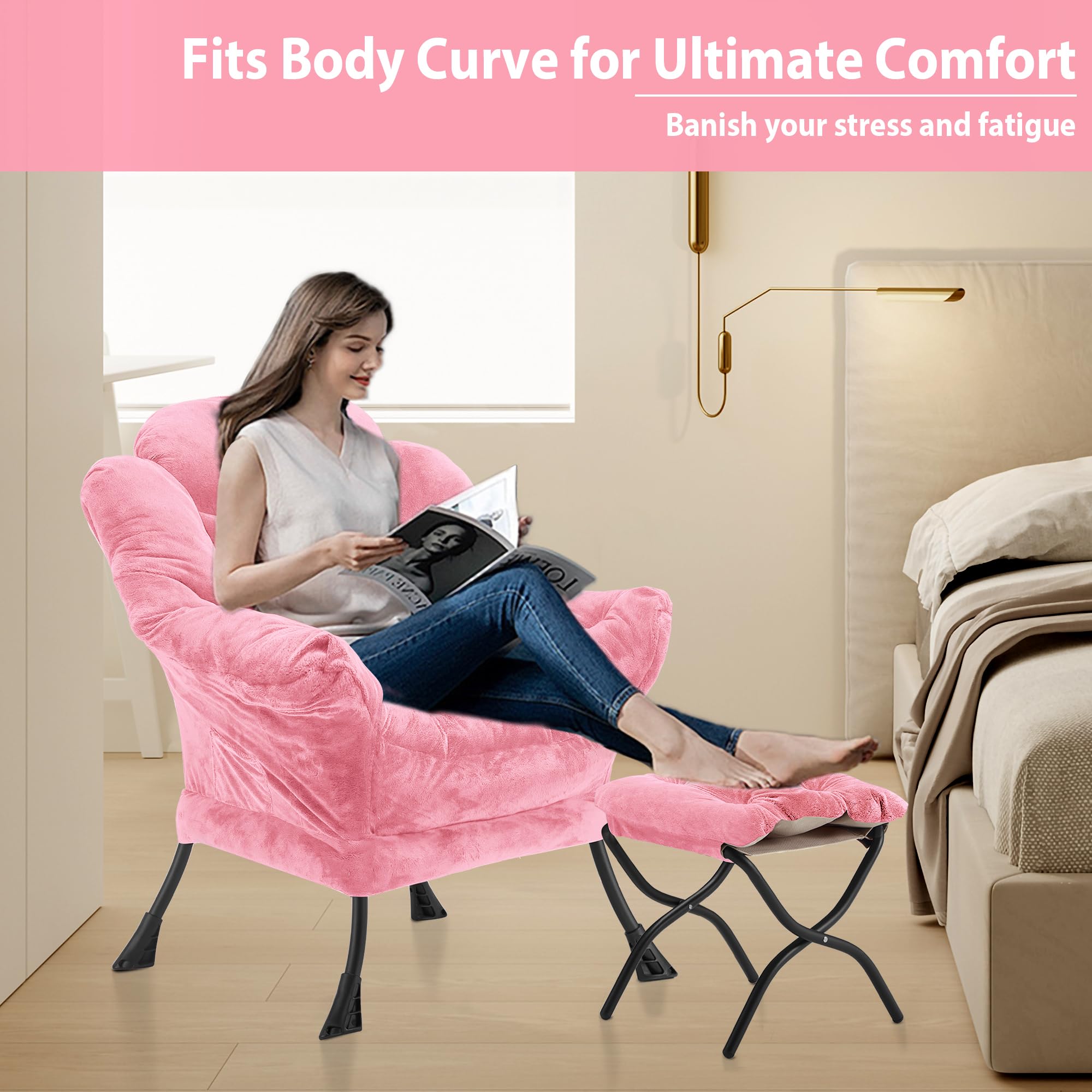 Youtanic Lazy Chair with Folding Ottoman, Accent Chair Velvet Upholstered with Metal Structure and Non-Slip Pads, Sofa Armchair with Footrest and Side Storage Bag for Dorm, Room, Office, Beige