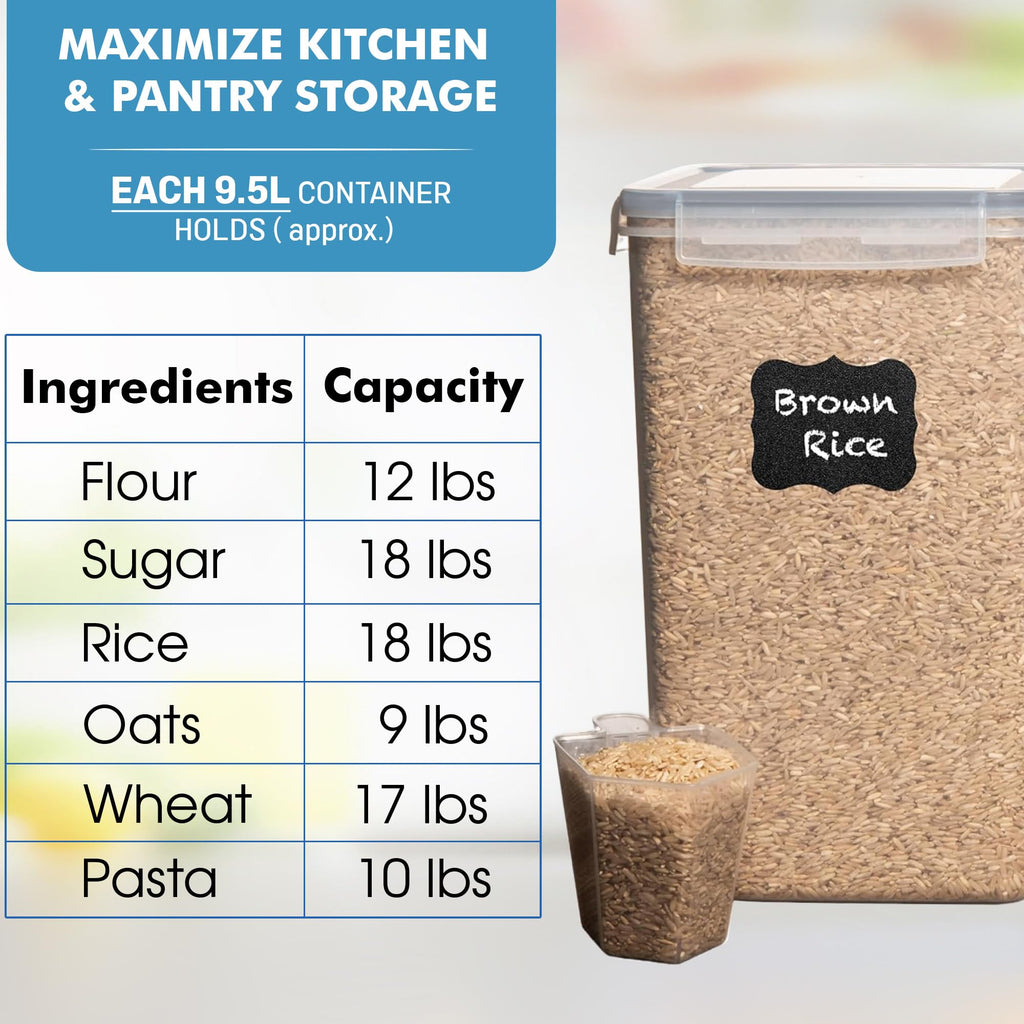 Shazo 2 PC (9.5L | 321 Oz) Extra Large Bulk Food Storage Containers with Airtight Lids for Flour, Sugar, Rice, Cereal & Pasta - Leakproof, BPA-Free Plastic Canisters for Kitchen & Pantry Organization