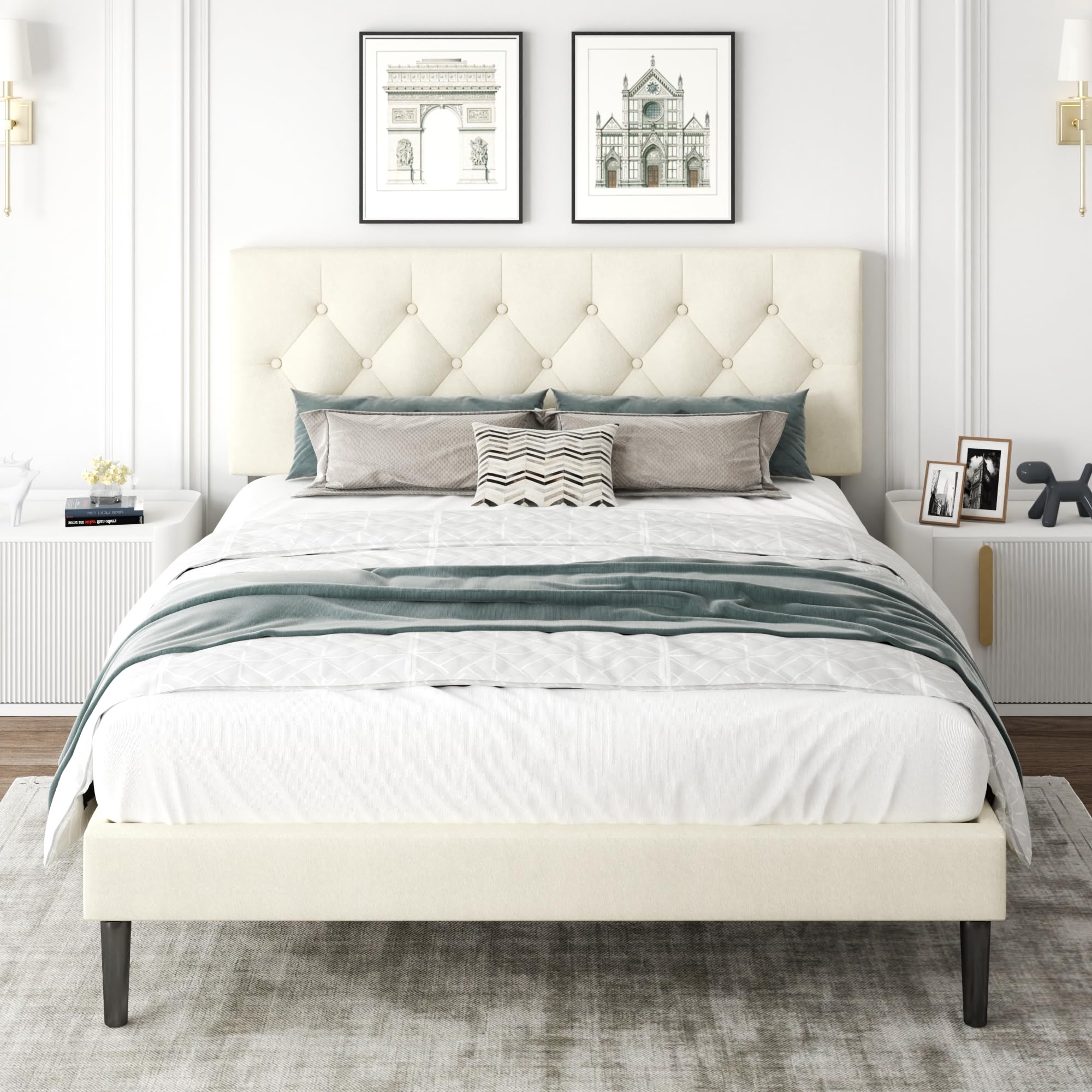 CXVX Full Size Platform Bed Frame with Upholstered Headboard, Button Tufted Design, Strong Wooden Slats, No Box Spring Needed, Easy Assembly, Noise Free