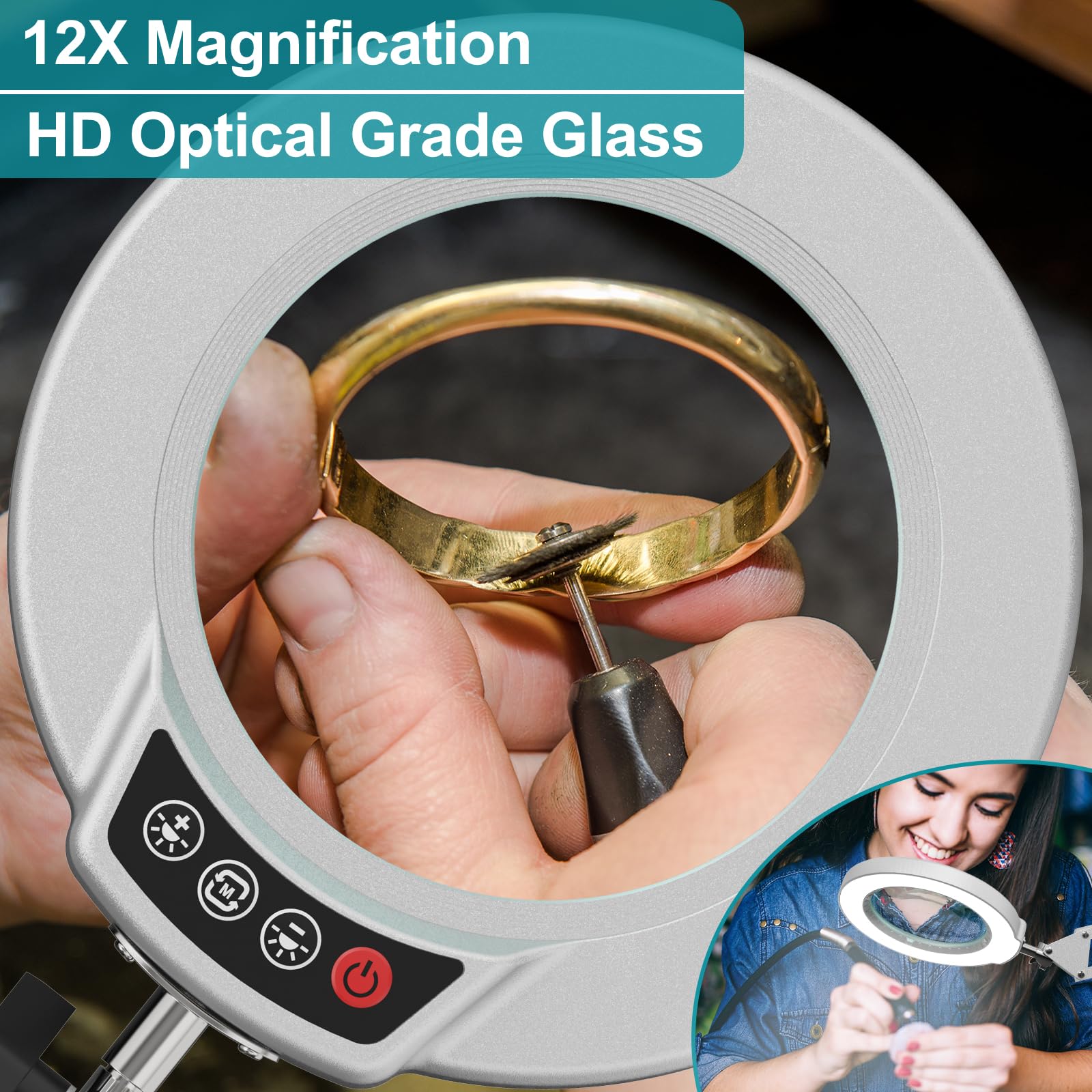 12X Magnifying Glass with Light and Stand, Real Glass, 5 Color Modes, Brightness Stepless Dimmable Lighted Magnifier Hands Free, 2-in-1 Desk Lamp & Clamp Light, Magnifier Lamp for Close Work, Reading