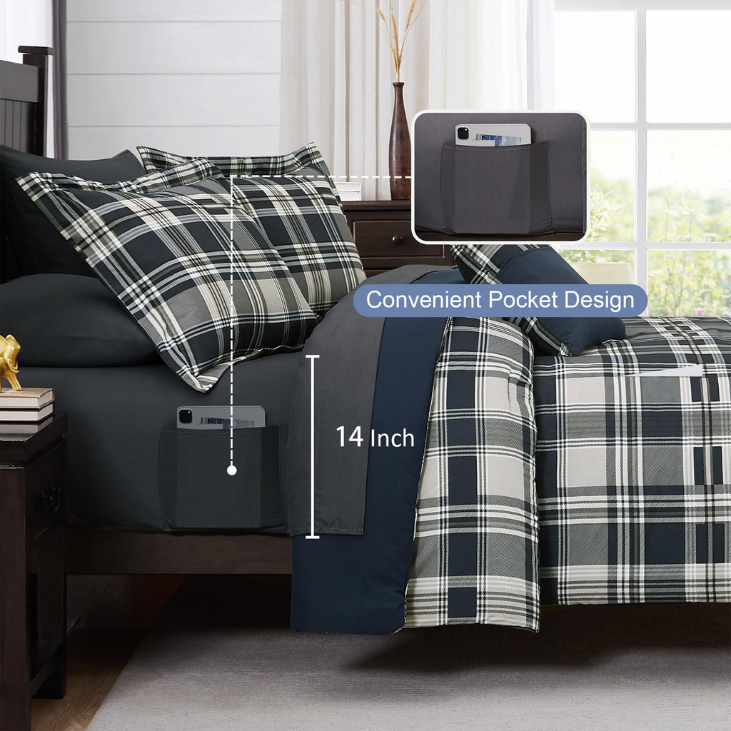 MaiRêve Queen Comforter Set, Classic Plaid Farmhouse Bedding Sets 7 Pieces, Beige All Season Bed in A Bag with Sheets, Pillowcases & Shams