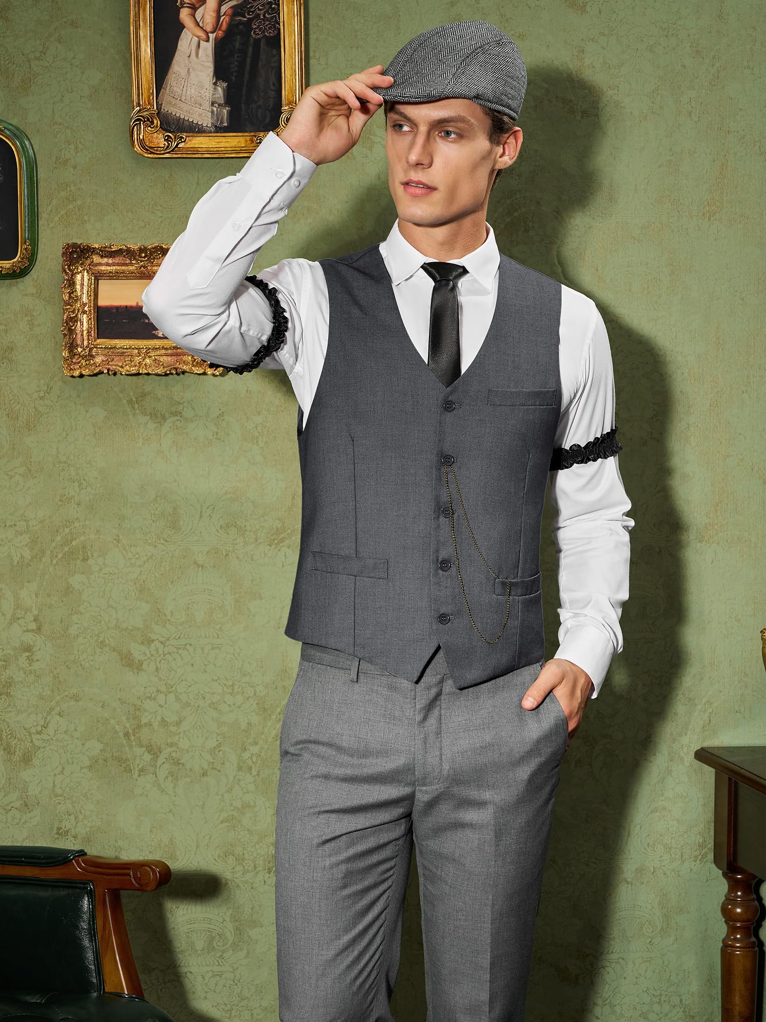 YESSA 1920s Mens Costume,Roaring 20s Costumes for Men,Gatsby Costume Men,1920s Mens Outfit Hat Vest Pocket Watch Tie