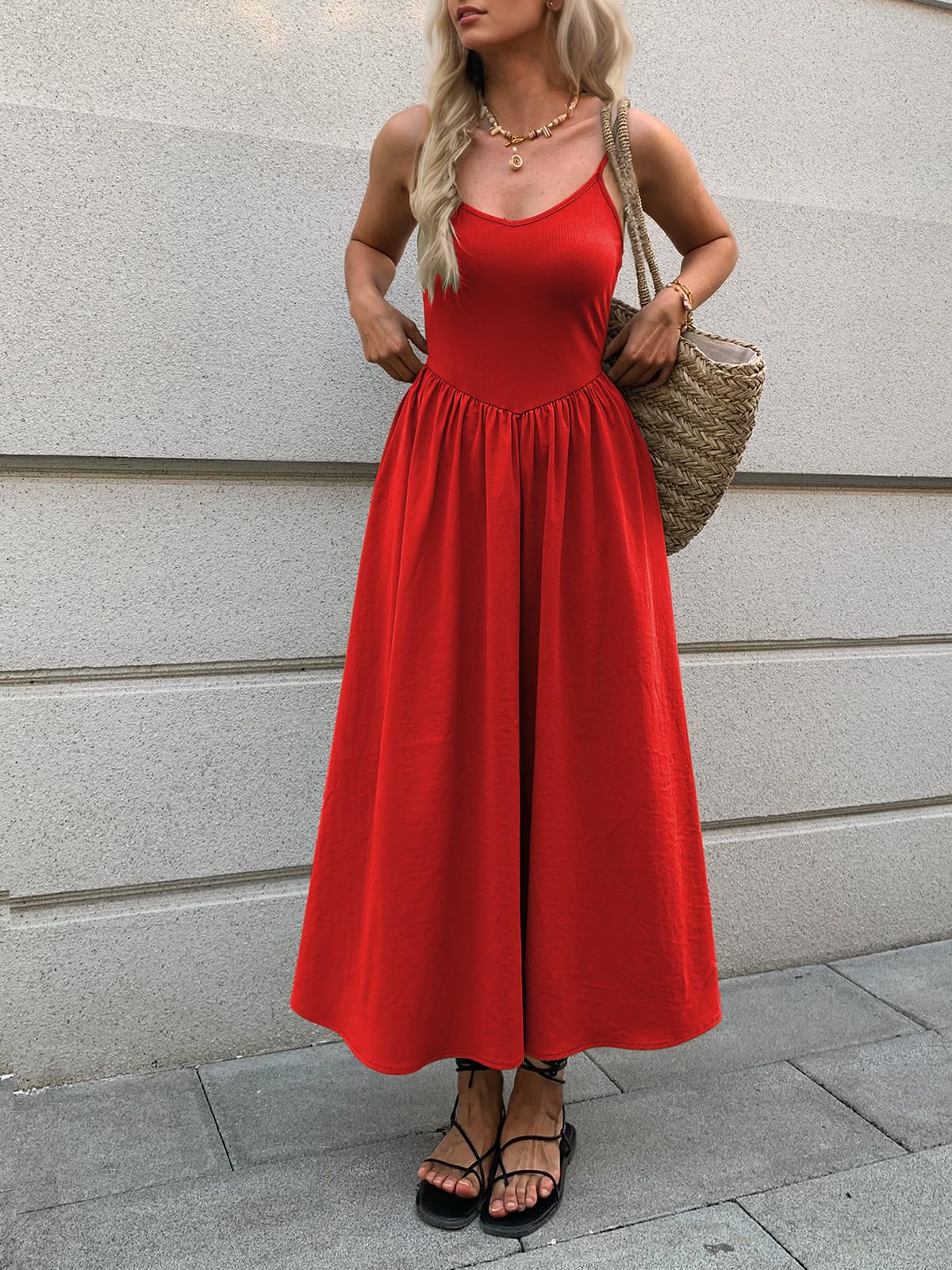 Mieazom Women’s Sleeveless V-Neck Maxi Dress with Pockets – Slim Fit Casual Summer Spaghetti Strap Dress for Vacation