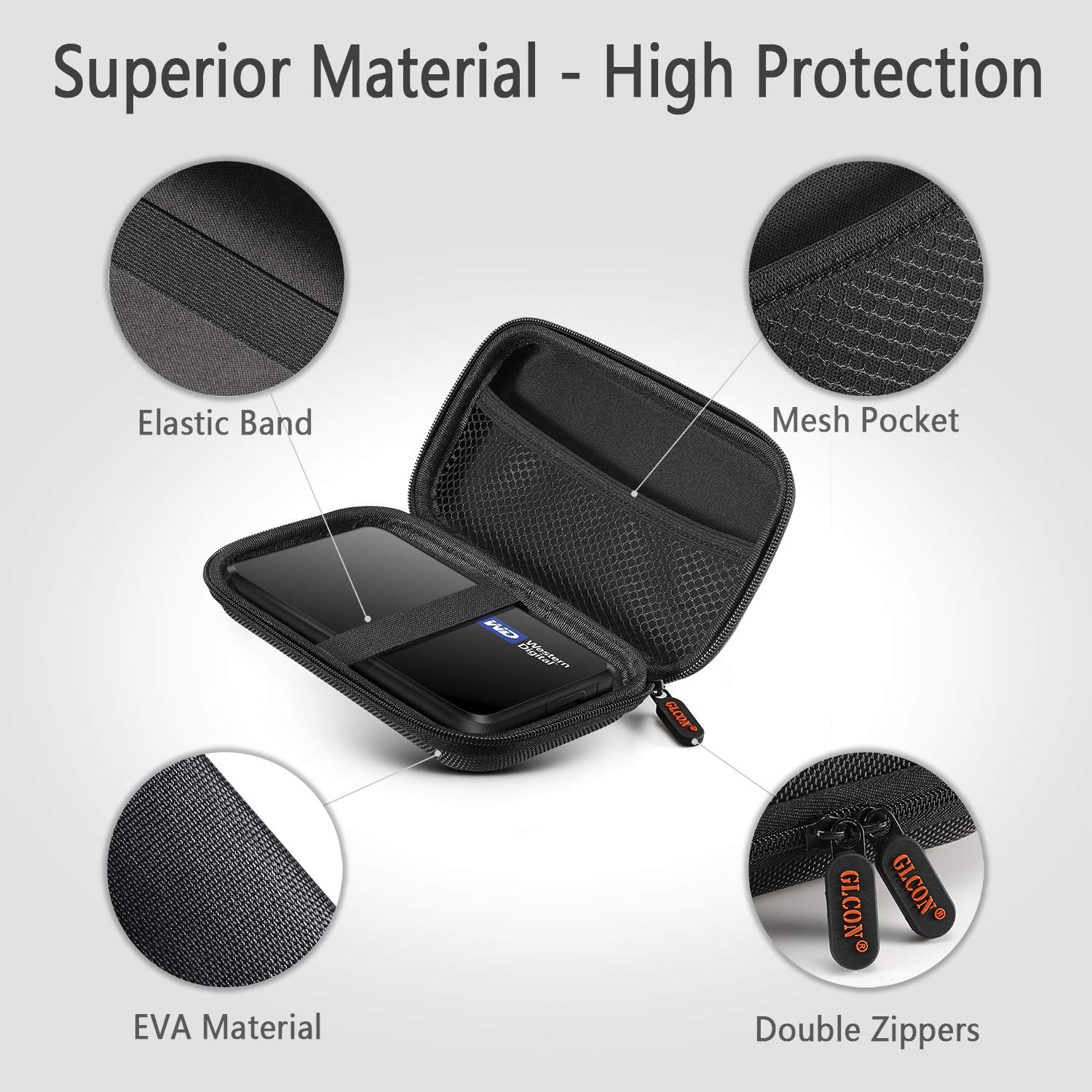 External Hard Drive Case - GLCON Shockproof EVA Carrying Case for WD My Passport Element Seagate Expansion Backup Toshiba 1TB 2TB 4TB - High Protection Portable Travel Electronic Power Bank Bag