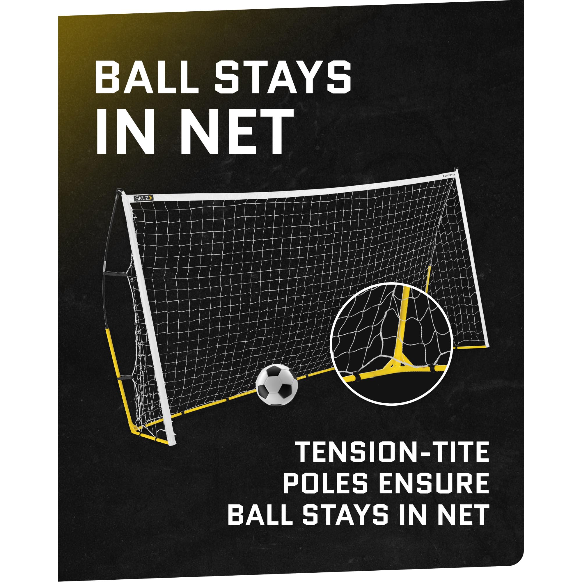 SKLZ Quickster Soccer Goal - Portable Goal for Backyard & Field - Durable Tension-Tite Frame & Heavy Gauge 2-Ply Net - Adjustable Click-Lock Poles, Metal Stakes - Carrying Case with Handle