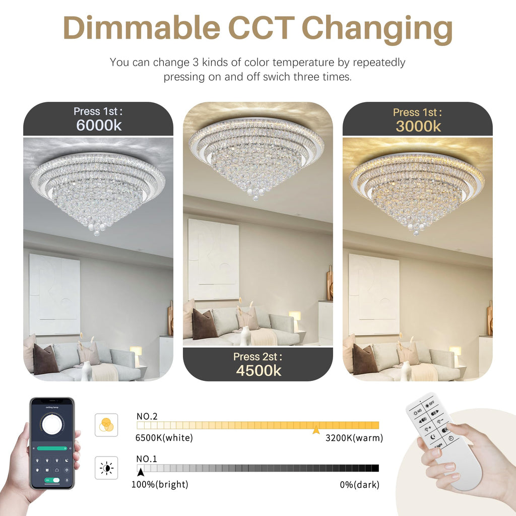 COCOSTAR 20" Gold Crystal Chandeliers, Flush Mount Chandelier LED Ceiling Light, Modern Crystal Raindrop Chandeliers for Dining Room, Living Room, Bedroom