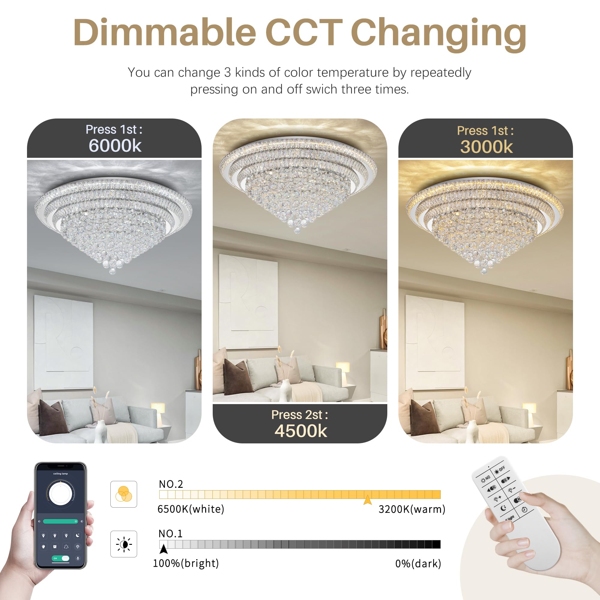 COCOSTAR 20" Gold Crystal Chandeliers, Flush Mount Chandelier LED Ceiling Light, Modern Crystal Raindrop Chandeliers for Dining Room, Living Room, Bedroom