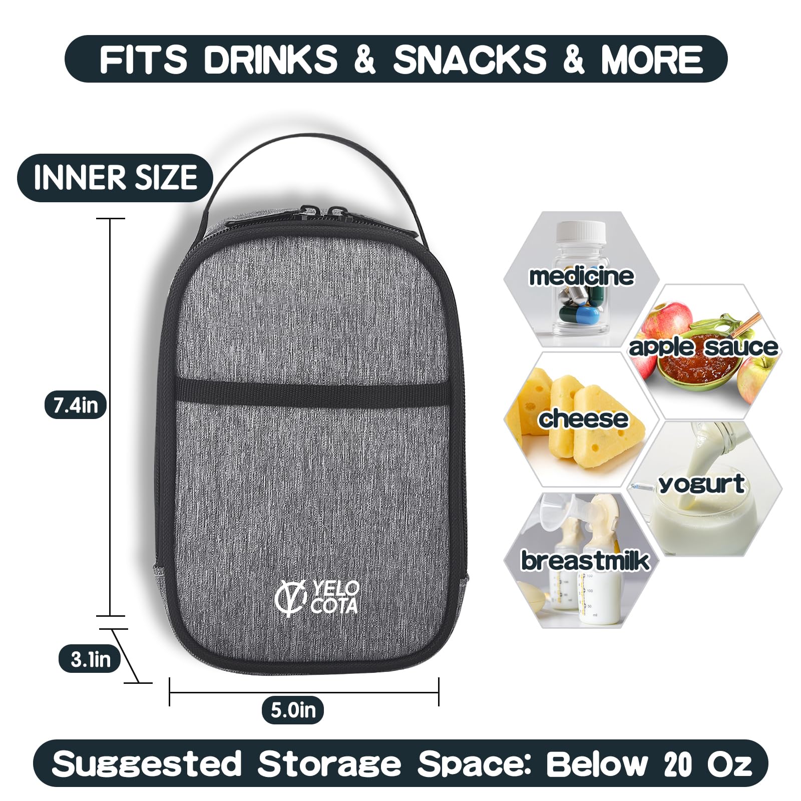 Yelocota Small Insulated Lunch Bag- Snack Bag- Mini Cooler Bag with Handle for Travel,Work,School(Storage Space below 20oz)- Also Suitable for Pairing with Food Jar