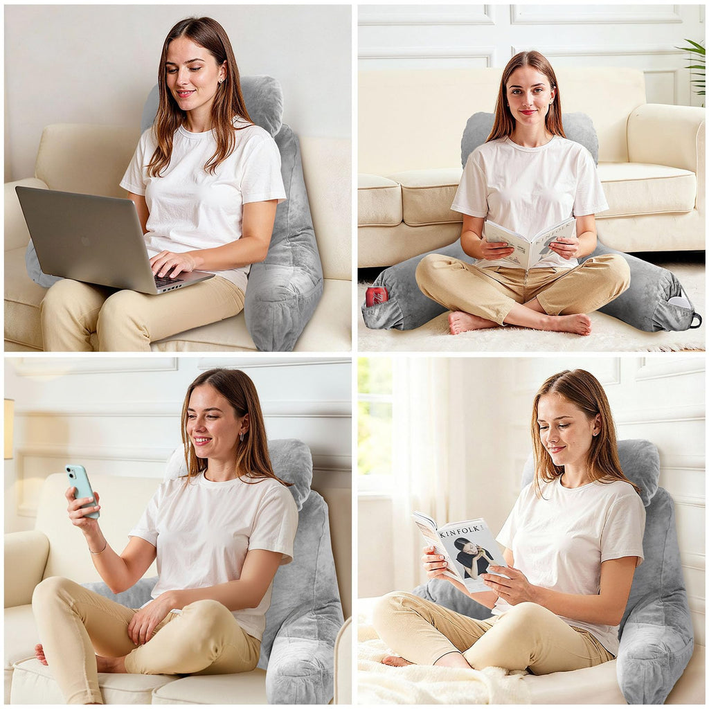 OAISZ Reading Pillow for Sitting in Bed Adult, Reading Pillow with Shredded Memory Foam, Bed Pillow with Washable Cover, Back Pillow Sitting Up with Extend Arms, Beige, X-Large