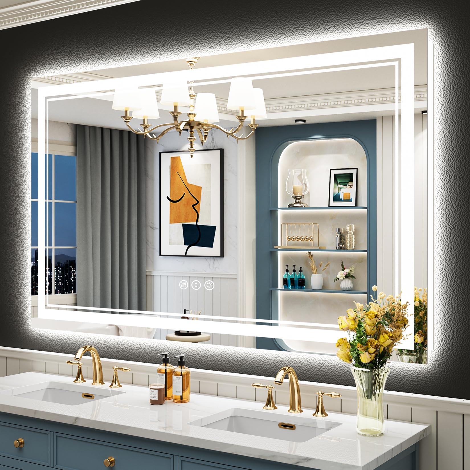 24x32 Black Framed LED Bathroom Mirror with Lights, Backlit and Front Lit Anti-Fog Lighted Vanity Mirrors for Bathroom Wall, Dimmable, 3 Colors, Memory, HD Tempered Glass, Horizontal/Vertical
