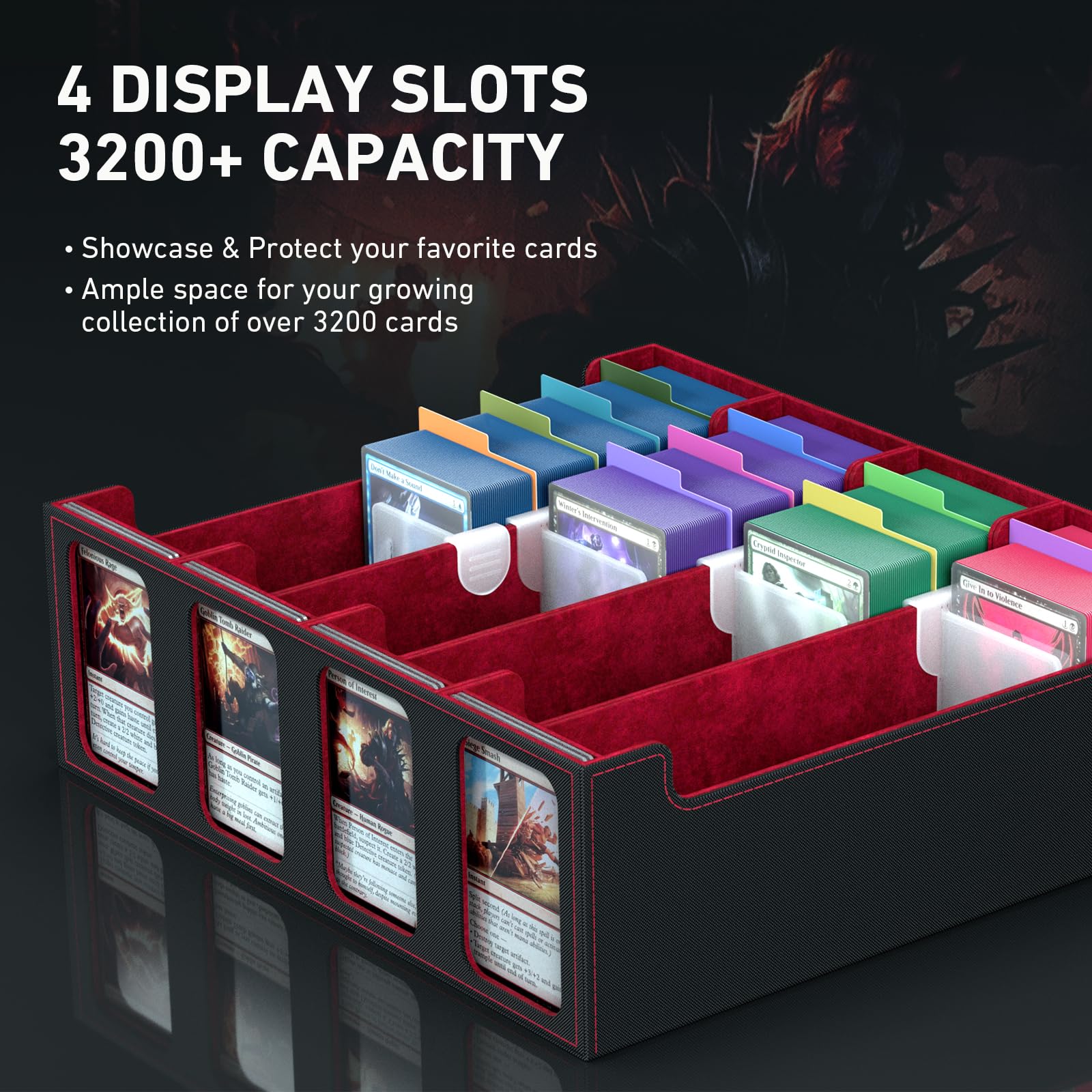 3-Row Trading Card Storage Box, Bulk Cards Case for 2400+ Mtg tcg Magic Playing Game Card Organizer, Commander Deck Box with 3 Supports & 24 Dividers