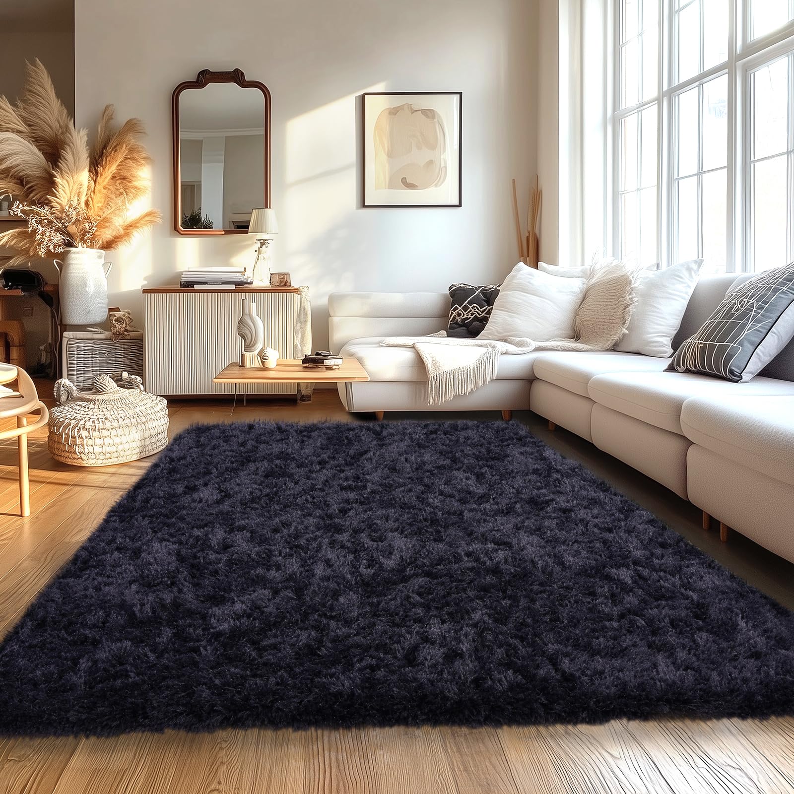 Beige Fluffy Rug for Bedroom 4x6ft - Ultra Soft & Non Slip Shaggy Area Rug, Comfy Durable Carpet for Living Room Kids Room Teens Dorm Home Decor, 1.7'' Thick Indoor Plush Carpets