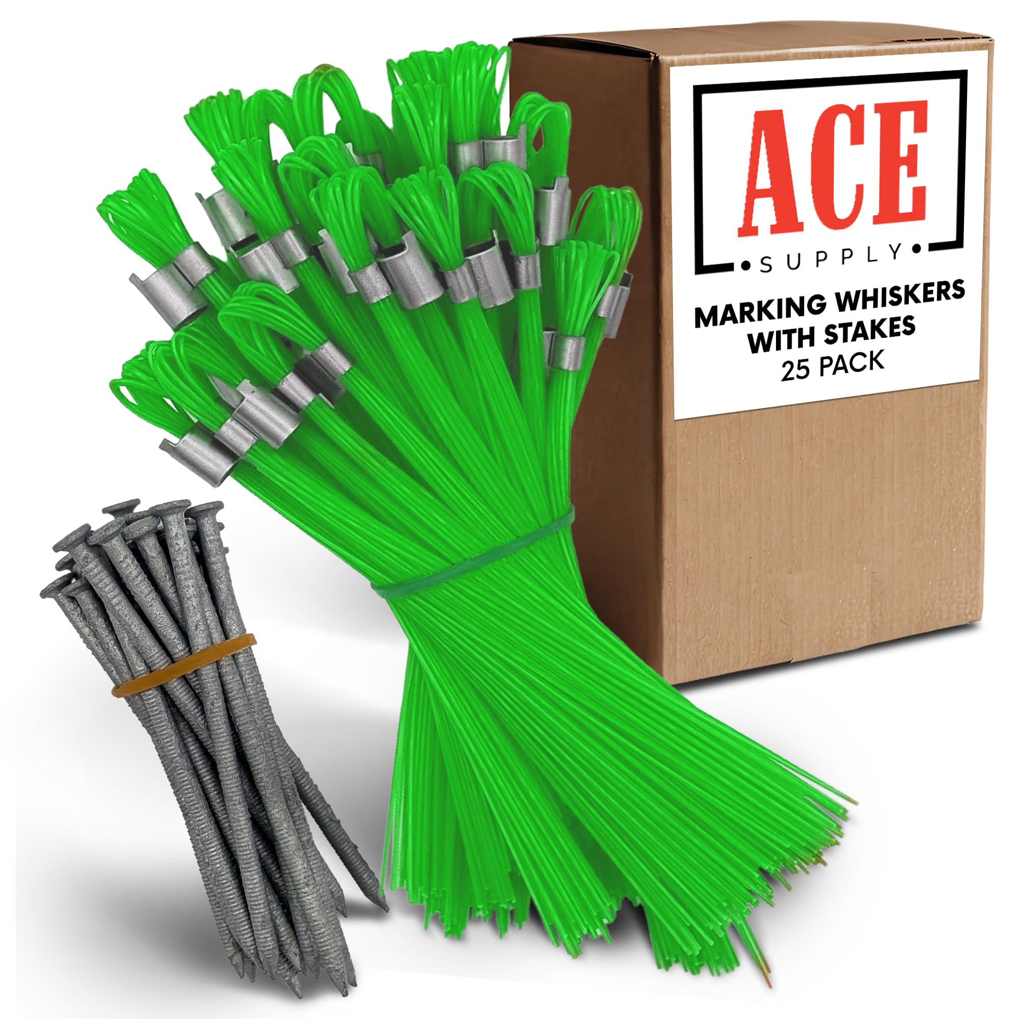 Blue Marking Whiskers With Stakes - 25 Pack - Durable Marking Whisker Set - Use Survey Whiskers As Ground Markers, Construction Markers, Or Trail Markers