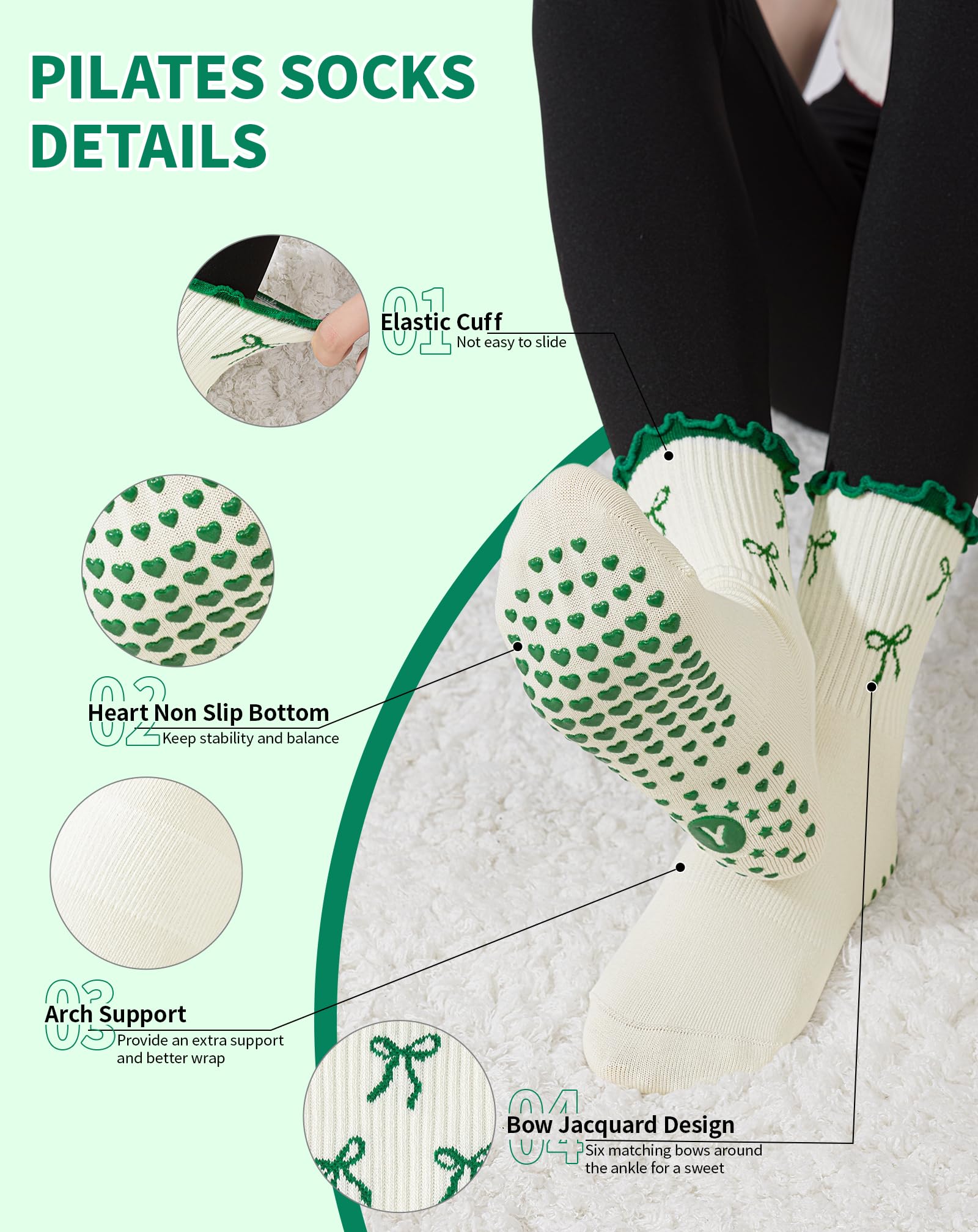 Yawlsow Pilates Grip Socks for Women Yoga Grippy Socks Cute Barre Non Skid Athletic Crew Sticky Sock Workout Hospital
