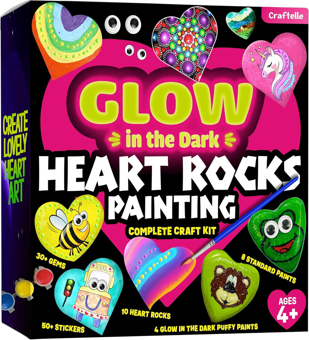 Hearts Rock Painting Kit for Kids Girls - Glow in Dark Art Supplies Ages 4-12 - Complete STEM Craft Set with Puffy Paint Stickers Gems Paints - Educational Birthday Easter Gifts Art Toys for Girl