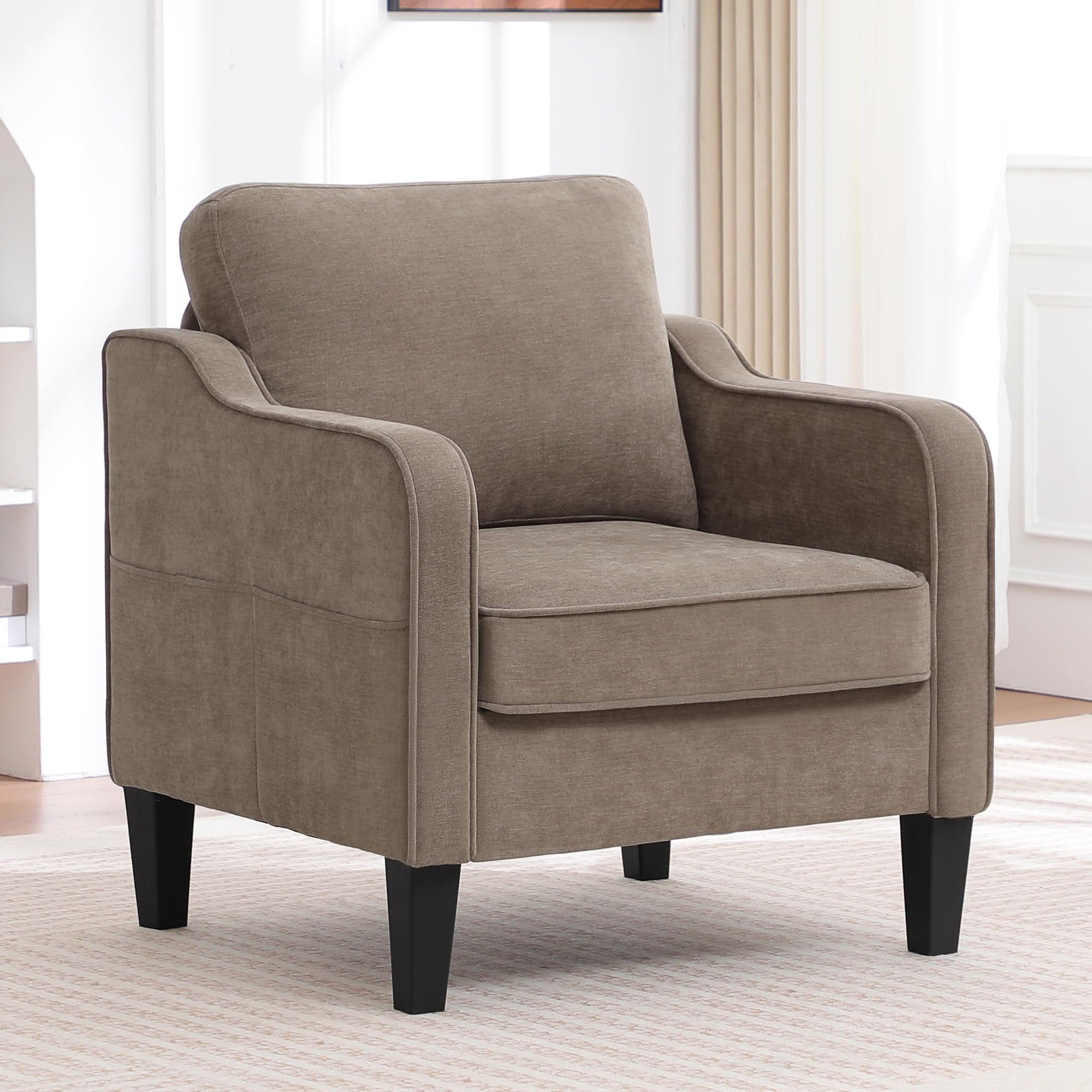 Accent Chair for Living Room, Mid Century Modern Reading Chair for Bedroom, Upholstered Armchair with Side Pockets, Comfy Single Sofa Side Chair for Office, Apartment, Small Room, Beige