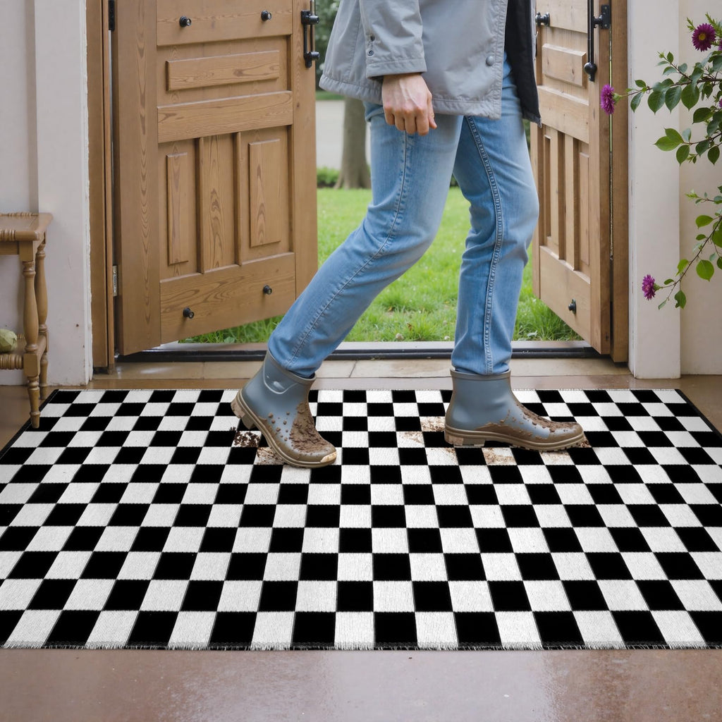 Seavish Checkered Rug, 2x3 Ft Black and White Moroccan Checkerboard Rug Washable Cotton Woven Washable Outdoor Rugs Reversible Floor Mat for Front Door Bedroom Entryway Kitchen Entryway