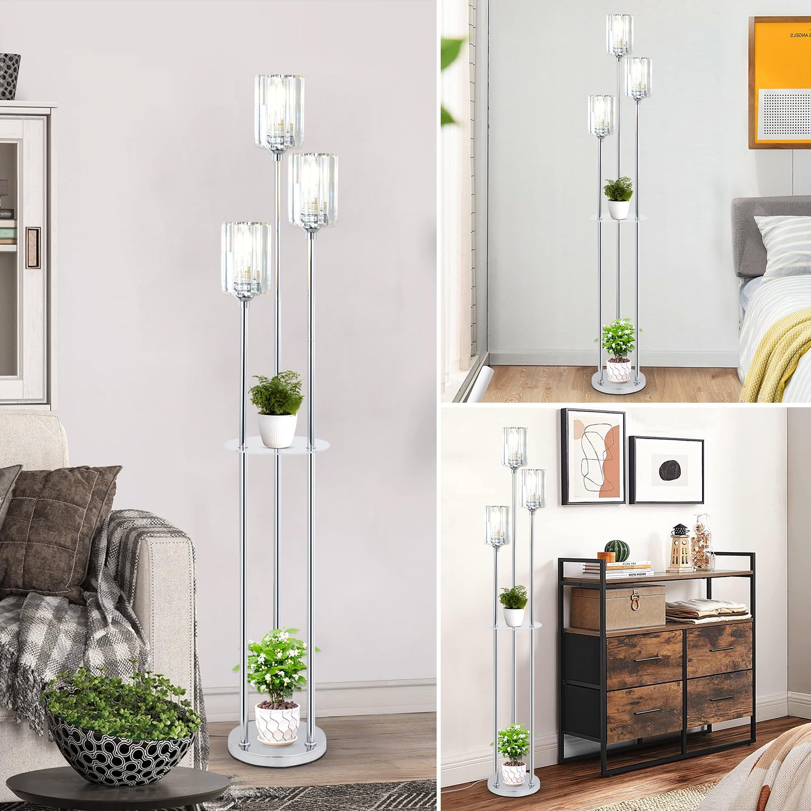 HMVPL Gold Floor Lamps for Living Room, Modern Floor Lamp with Shelves, Crystal Standing Lamps with Table, Brass Tall Lamp with Crystal Shade, On/Off Switch, Mid Century Corner Floor Lamp for Bedroom