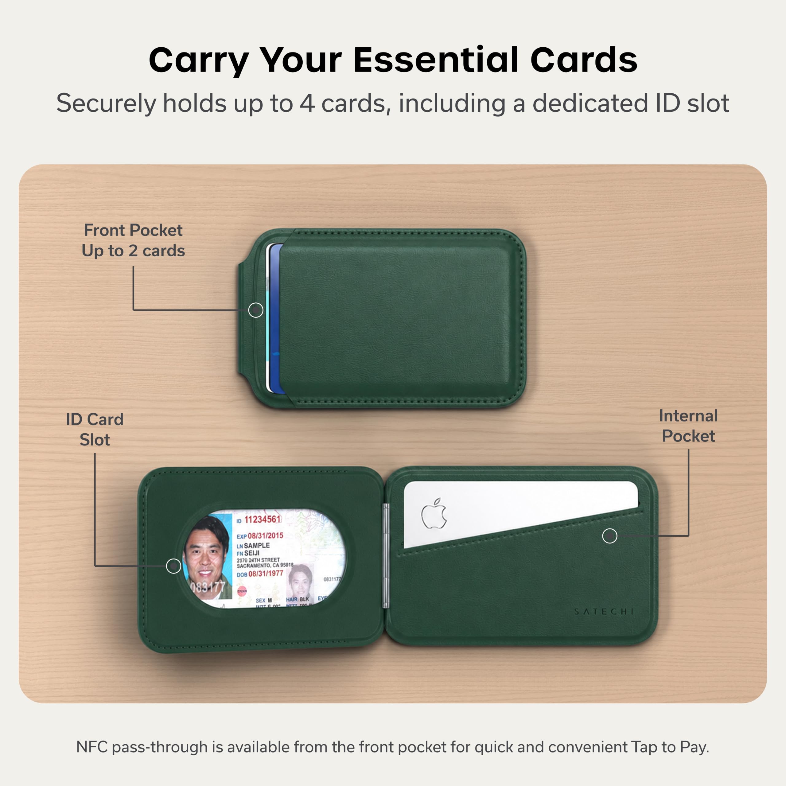 Satechi Magnetic Magsafe Wallet, Double Flap Stand Card Holder, 4 Slots with Front NFC Pass-Through, Adjustable Phone Attachment for iPhone 17/16/15/14/13/12, Travel Accessory