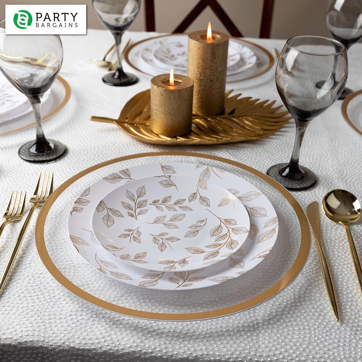PARTY BARGAINS 13-Inch Charger Plates - 96 Pack, Clear Gold Rim, Heavy-Duty Disposable Chargers for Elegant Dining - Ideal for Weddings and Formal Events