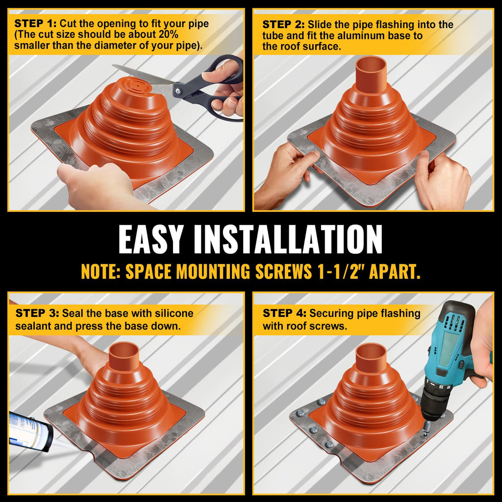 VIVIDA #1 Metal Roof Pipe Flashing, Metal Roofing Pipe Boot Kit, High Temp Silicone Vent Boot, for Tube OD 1/4" to 2", Square Base, Screws & Hex Socket Included, 1 Pack, Black