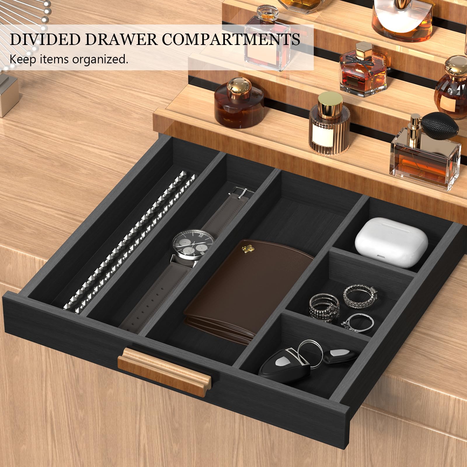 Wooden Cologne Organizer for Men 4 Tier of Perfume Display Holder of Drawer & 2 Hidden Compartments Larger Storage Space Mens Perfume Organizer Shelf Stand,Gift for Man (4T-Black Walnut)