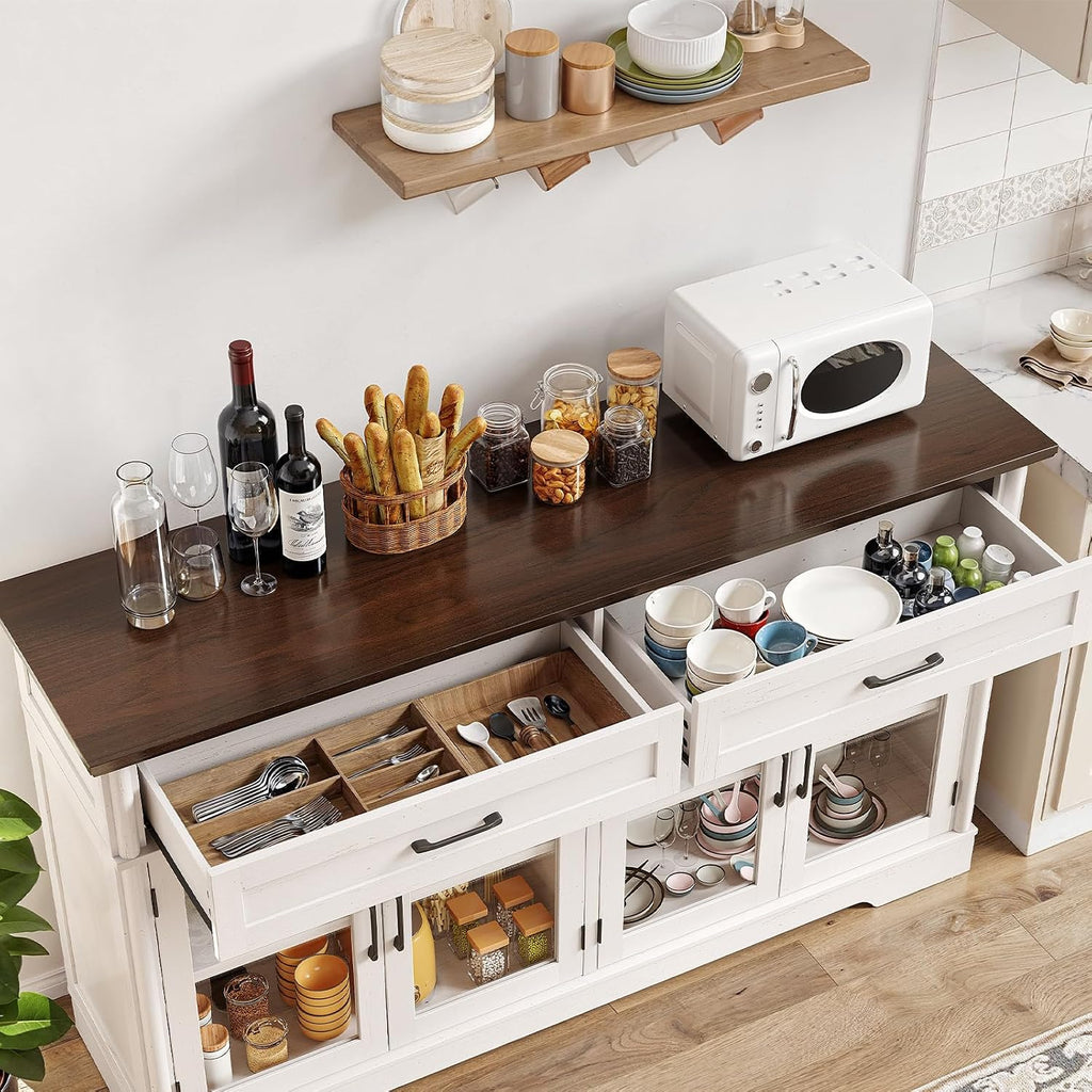 ONBRILL Buffet Cabinet with Storage, 60" Sideboard Cabinet with 4 Glass Doors and 2 Drawers, Modern Storage Console with Adjustable Shelves for Kitchen, Living Room, Off White