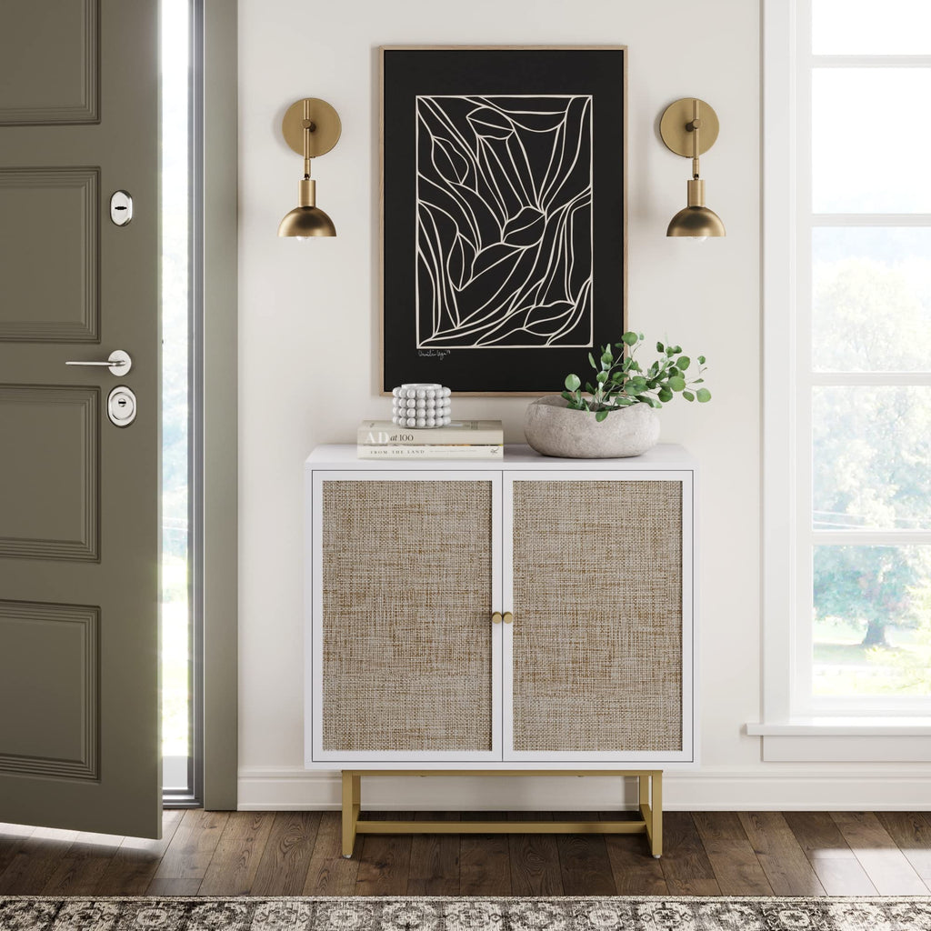 Nathan James Kova Rattan Wood Accent Sideboard Storage Cabinet with Matte Metal Frame, Adjustable Interior Shelves and Cane Doors, for Hallway, Entryway or Living Room, Black Oak/Cane