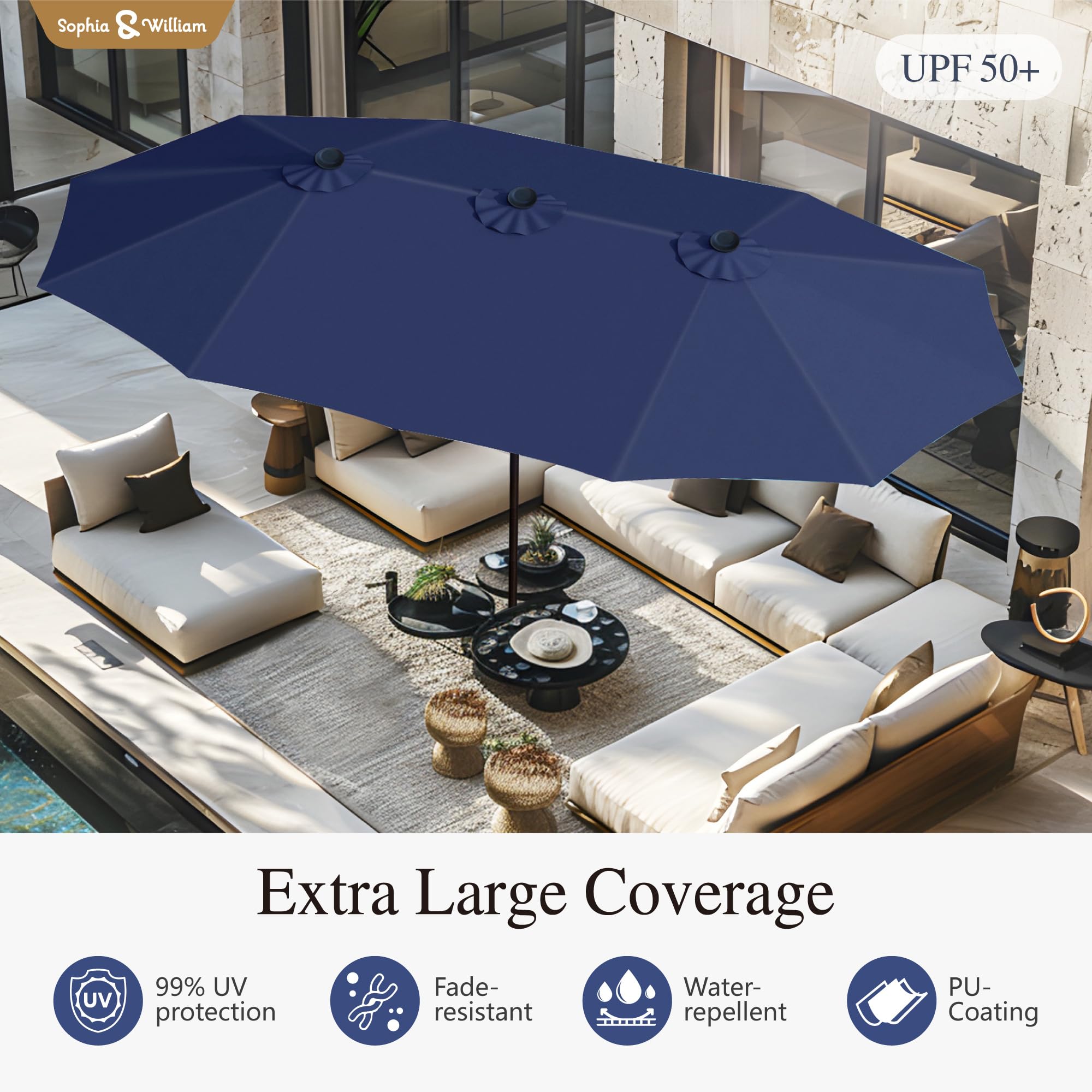 Sophia & William 15 ft Extra Large Patio Umbrella with Base Included, Rectangular Outdoor Umbrella Heavy Duty, Market Umbrella Double-sided Fade Resistant for Pool Garden Backyard, Beige