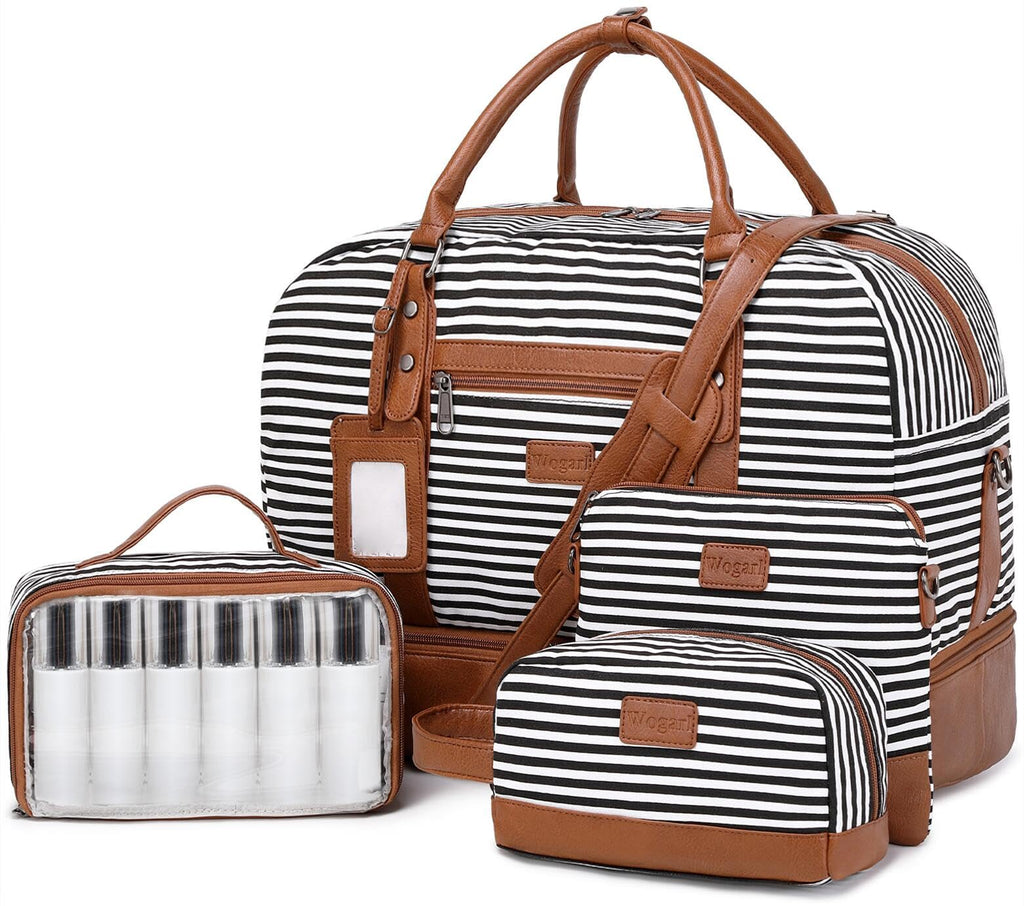 Wogarl 4PCS Weekender Bags for Women Large Overnight Weekend Travel Duffel Carry on Shoulder with Shoe Compartment Canvas Toiletry Bag for Travel Business Gym