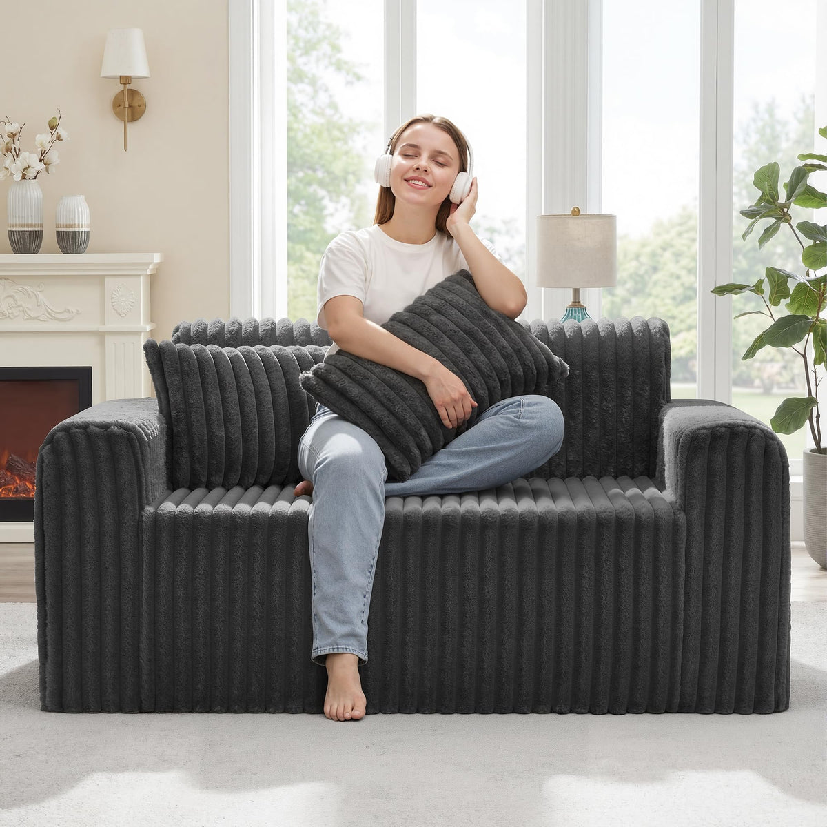 Hobestluk Single Sofa Foam Couch Sofa for Small Spaces Comfy Sofas with Removable Cover Furry Couch with Pillows for Living Room, Bedroom, Apartment, Office (Black, Standard)