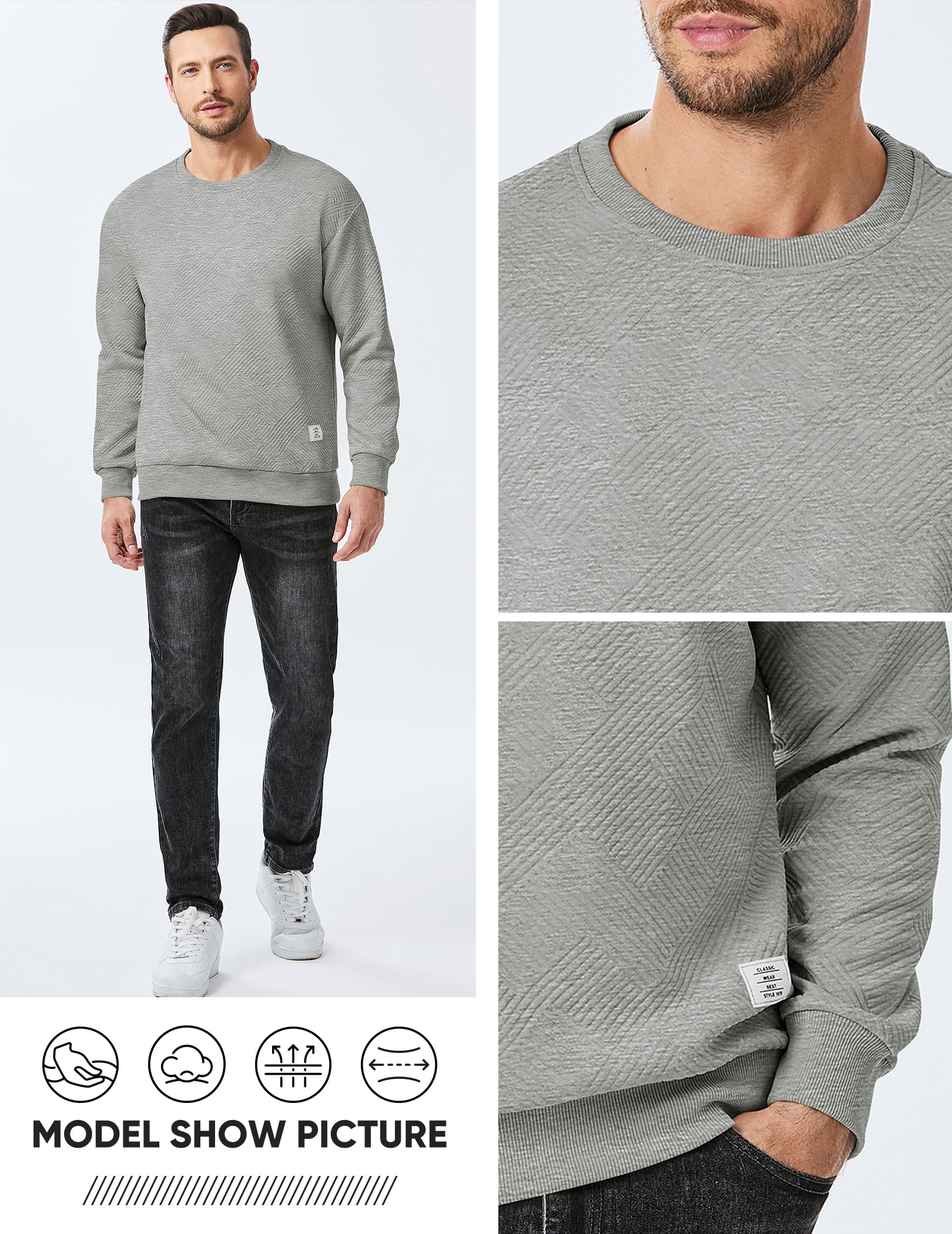 Dokotoo Men Men's Crewneck Sweatshirts Soild Color Geometric Texture Long Sleeve Casual Pullover Shirt