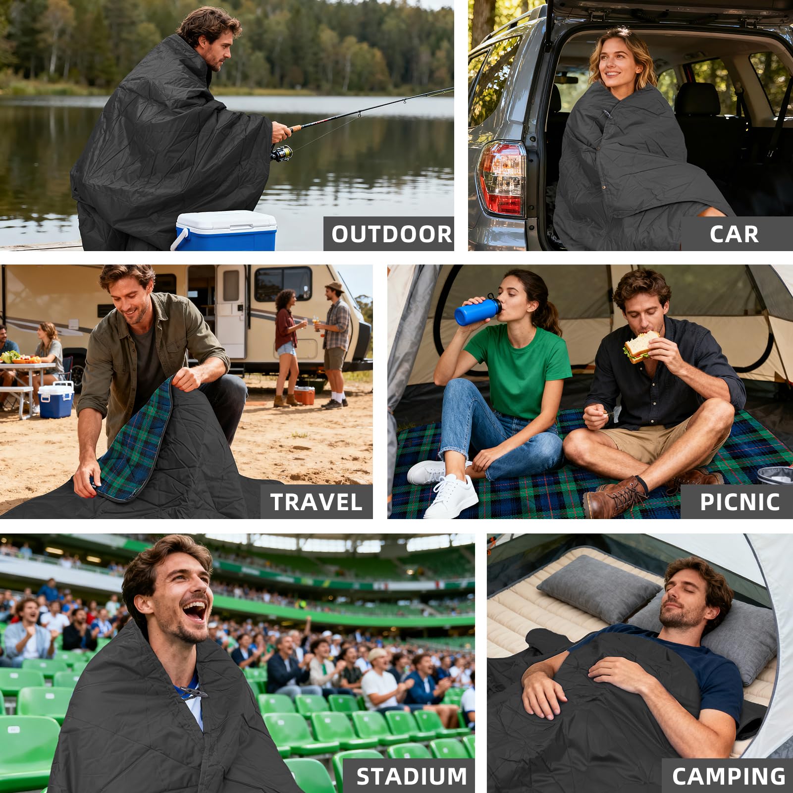 Large Outdoor Waterproof Blanket Extra Thick Fleece Stadium Blanket for Camping, Car, Pet, Picnics - Windproof, Wearable, Machine Washable 80" x 58" (Black Check)