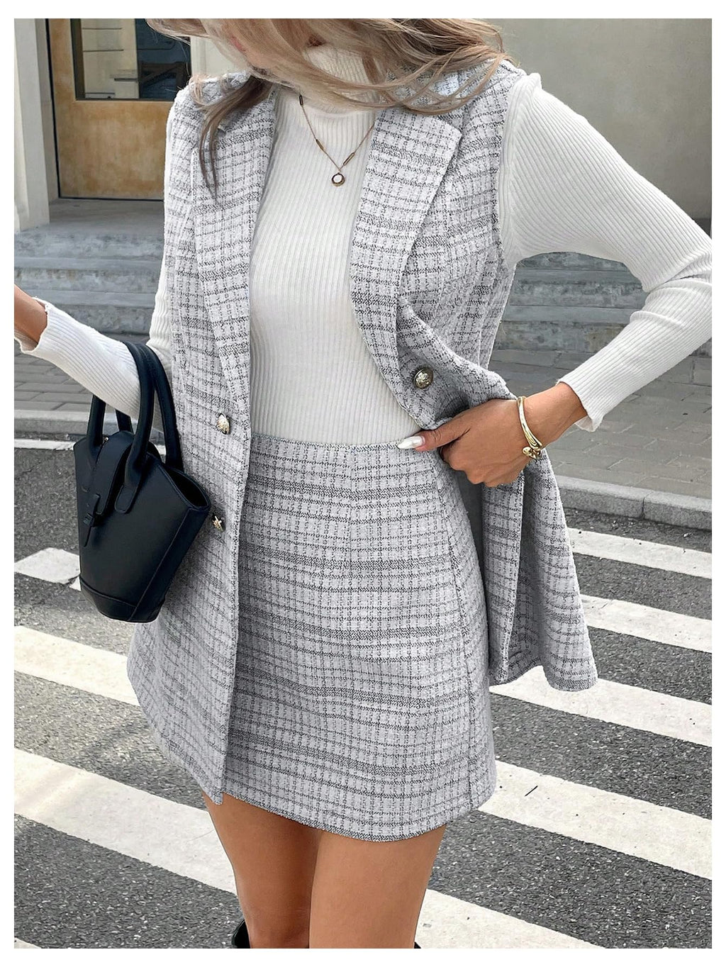 Floerns Women's 2 Piece Outfit Workwear Plaid Print Lapel Neck Vest Blazer and Skirt Set