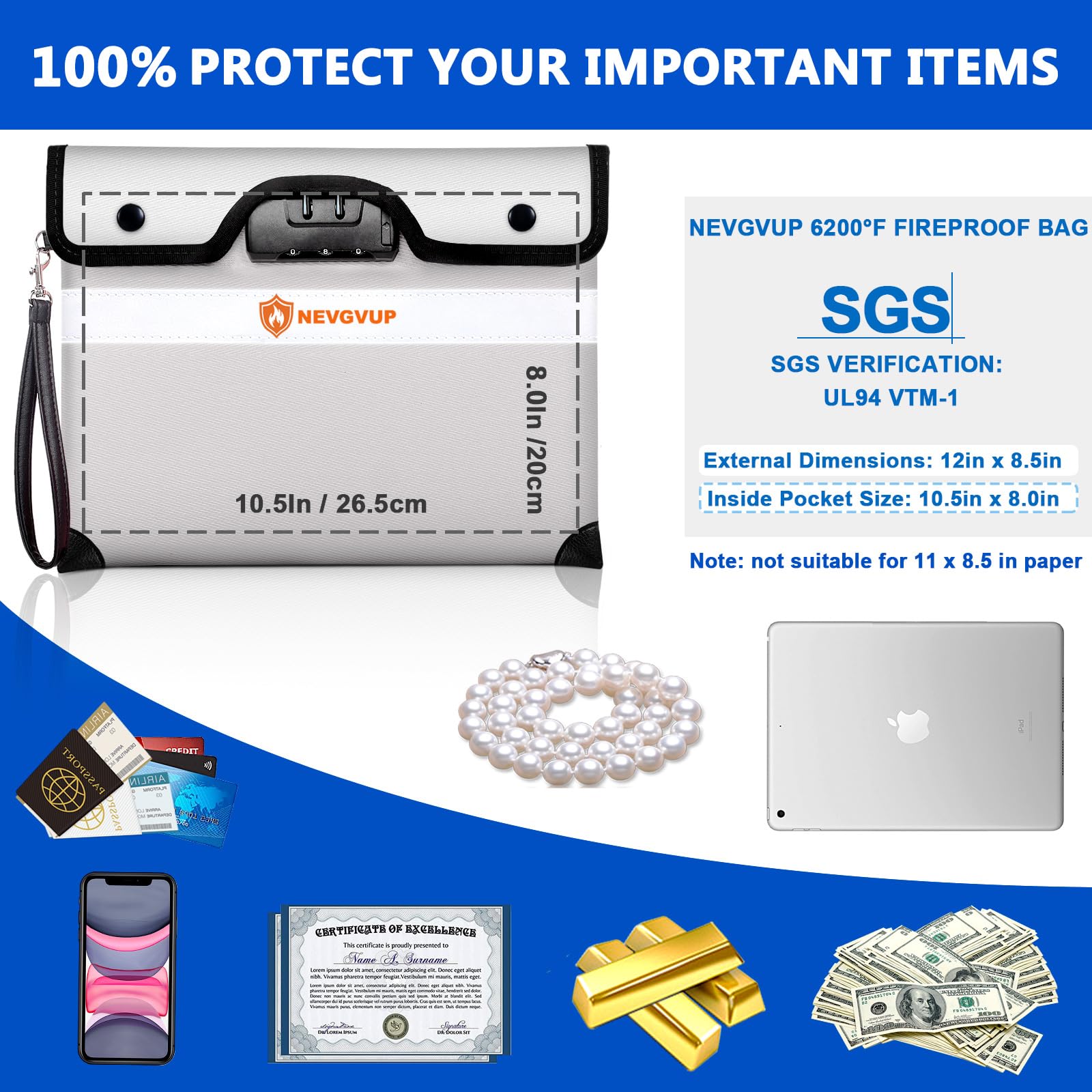 Fireproof Money Bag 4200°F - Heat Insulated, 9.8 x 6.5" Small Fireproof Document Bags with Waterproof Zipper, Fire proof Bag with Reflective Strip and Fireproofs Edeging, Fire Pouch Set for Valuables