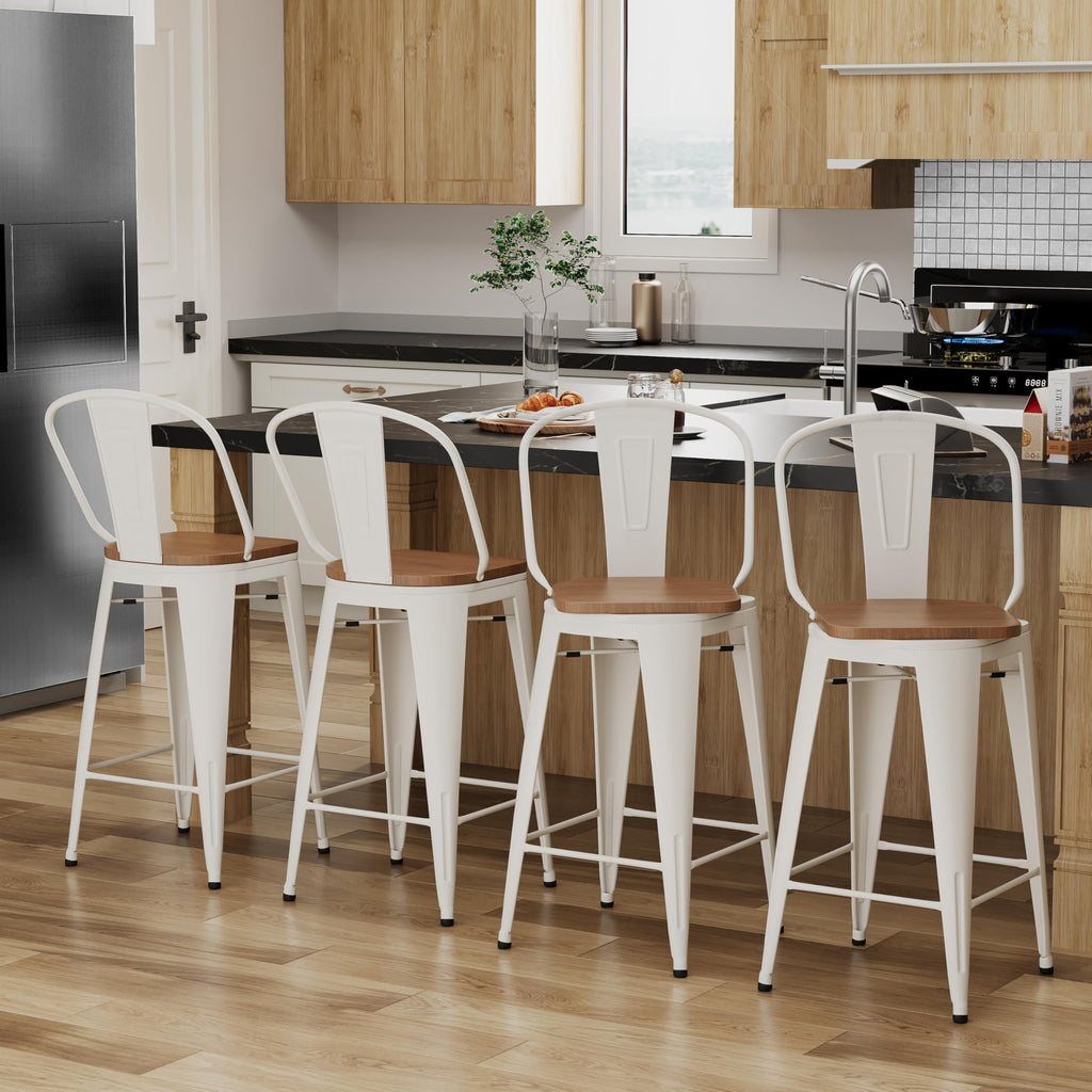 Alunaune 24" Swivel Metal Bar Stools Set of 4 High Back Counter Height Barstools Industrial Dining Bar Chairs with Large Wooden Seat-Matte Black
