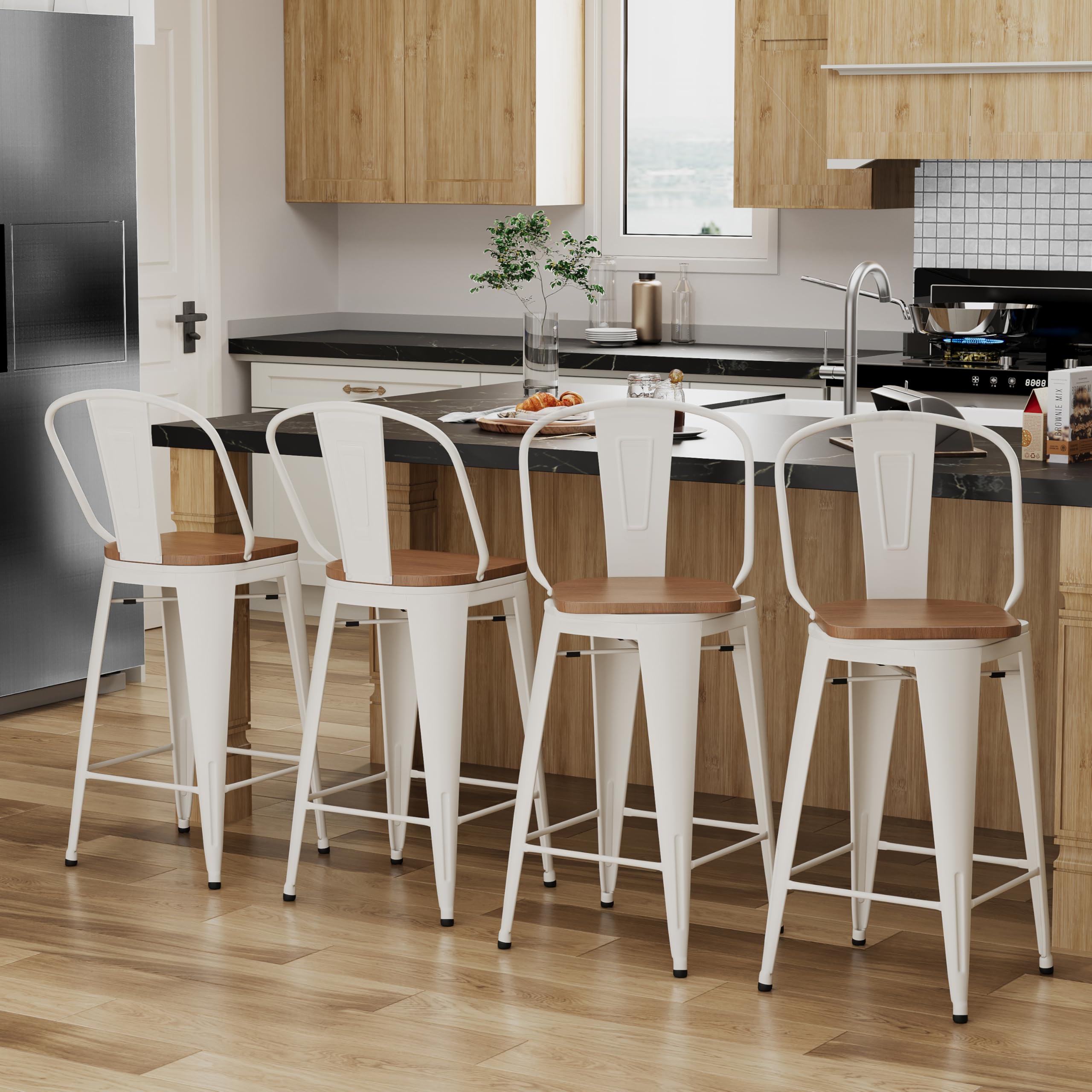 Alunaune 24" Swivel Metal Bar Stools Set of 4 High Back Counter Height Barstools Industrial Dining Bar Chairs with Large Wooden Seat-Matte Black