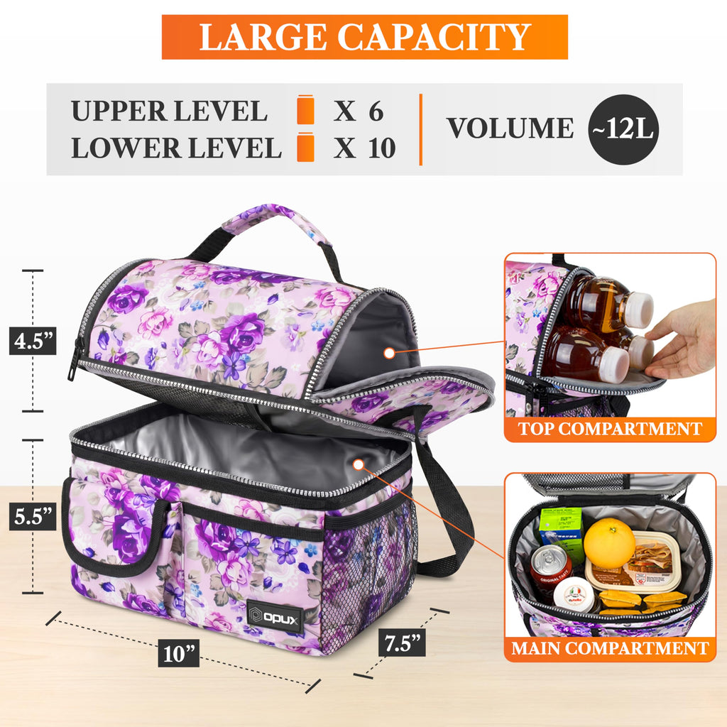 opux Insulated Lunch Bag Women Men, Dual Compartment Leakproof Lunch Box Adults Kids, Double Decker Meal Prep Bento Lunch Cooler Tote with Shoulder Strap for Work Office School Travel, Black