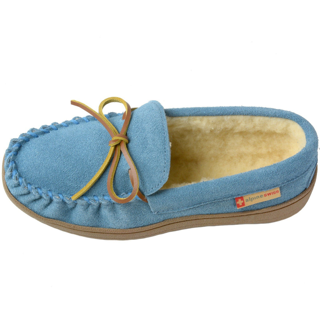 Alpine Swiss Sabine Womens Moccasin Slippers Genuine Suede House Shoe Memory Foam Insole Plush Faux Shearling Fur Indoor Outdoor Anti-Slip Rubber Sole