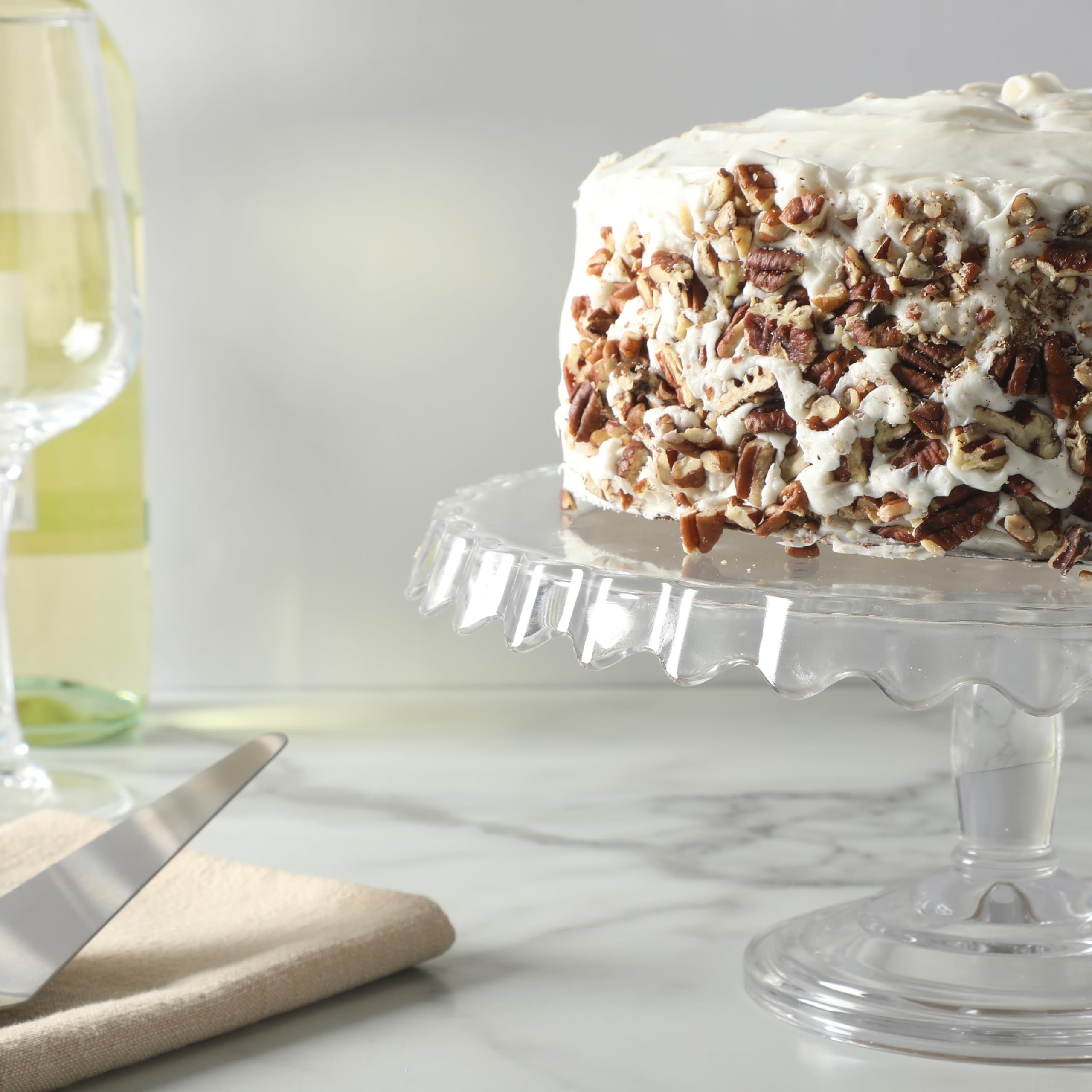 Martha Stewart Watercrest Glass Cake Stand, 10.2 Inch Footed Pedestal Cake Plate with Scalloped Ruffled Edge, Clear Handmade Glassware for Weddings, Parties, and Dessert Display