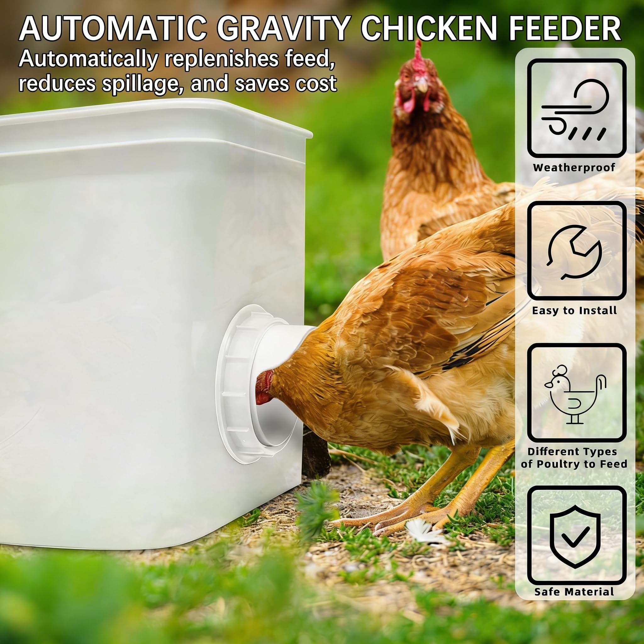Chicken Feeder Port, 6 Pack Chicken Feeders No Waste with 6 Lids 1 Drill Bit, DIY Automatic Poultry Feeder Cups Kit, Chicken Bucket Feeder for Barrels (White)