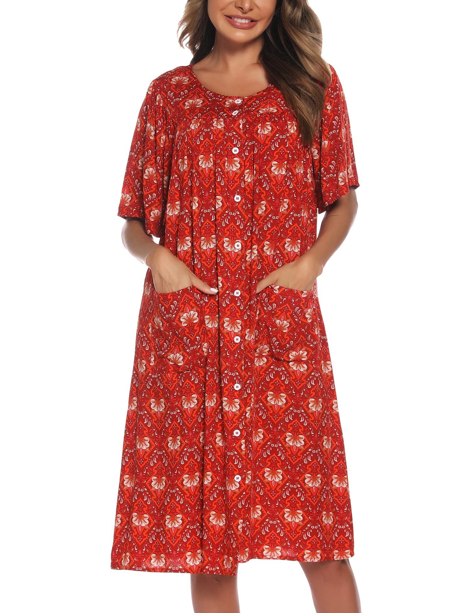 COSUNIONY House Dresses for Women Cotton Short Sleeve House Coat Buttons Down Dusters Robe with Pockets S-XXL